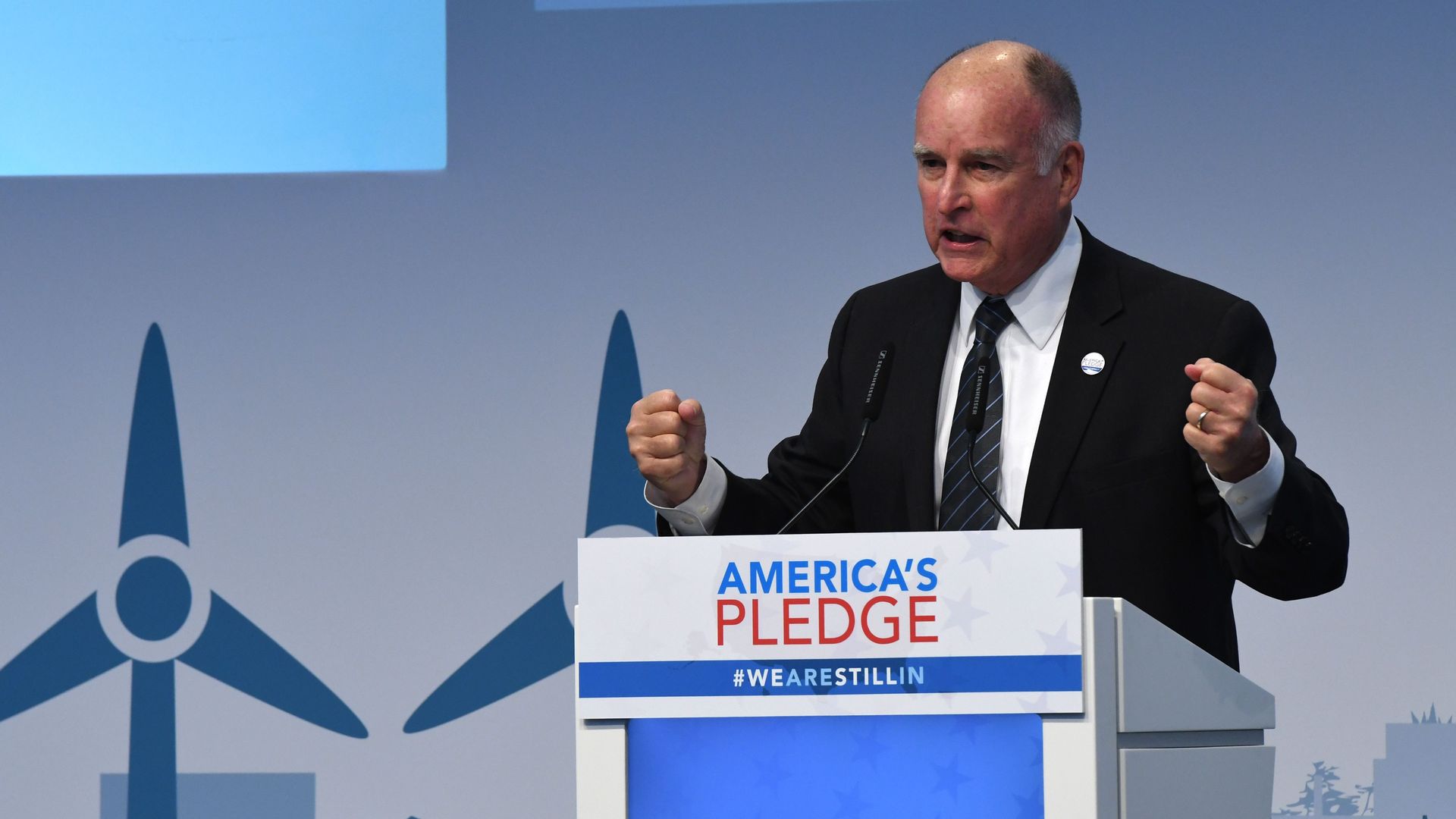 US Governor of California, Jerry Brown speaks at the launch event at the US climate action center on November 11, 2017 during the COP23 United Nations Climate Change Conference.