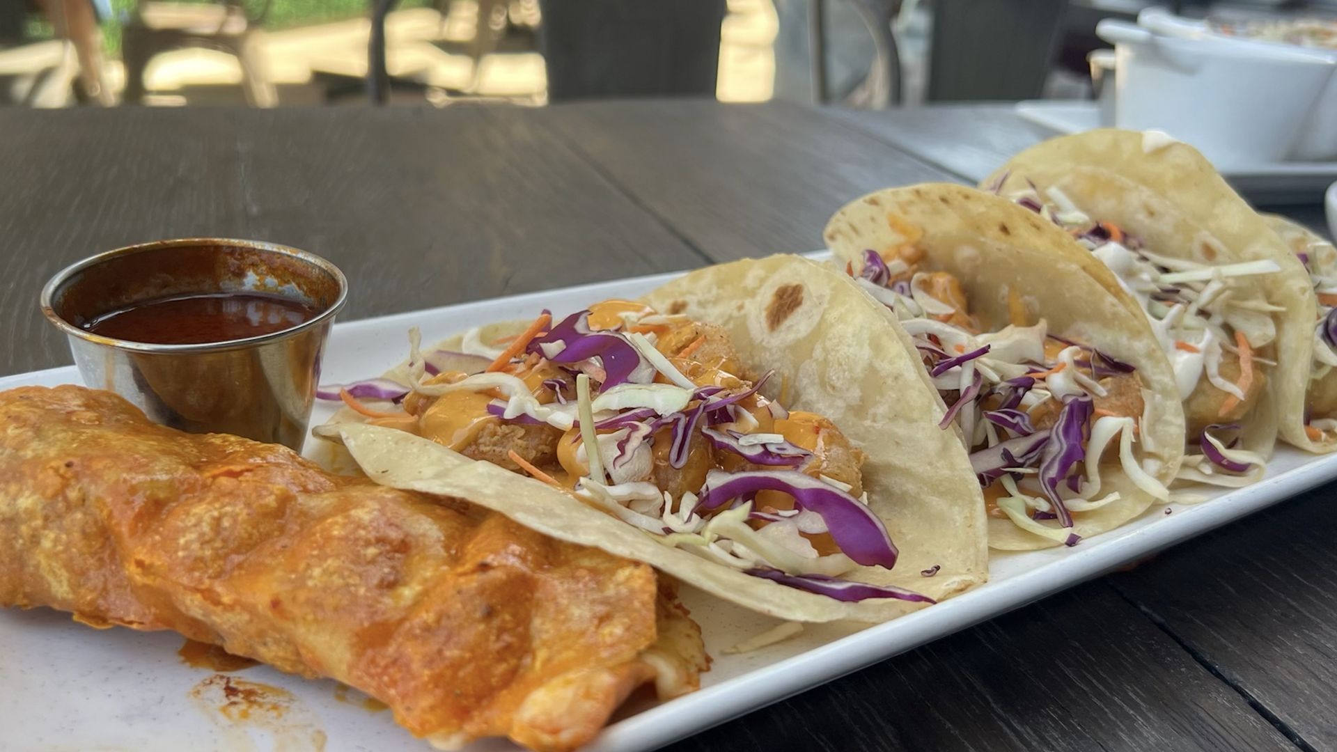 A birria taco and three shrimp tacos on a plate outdoors