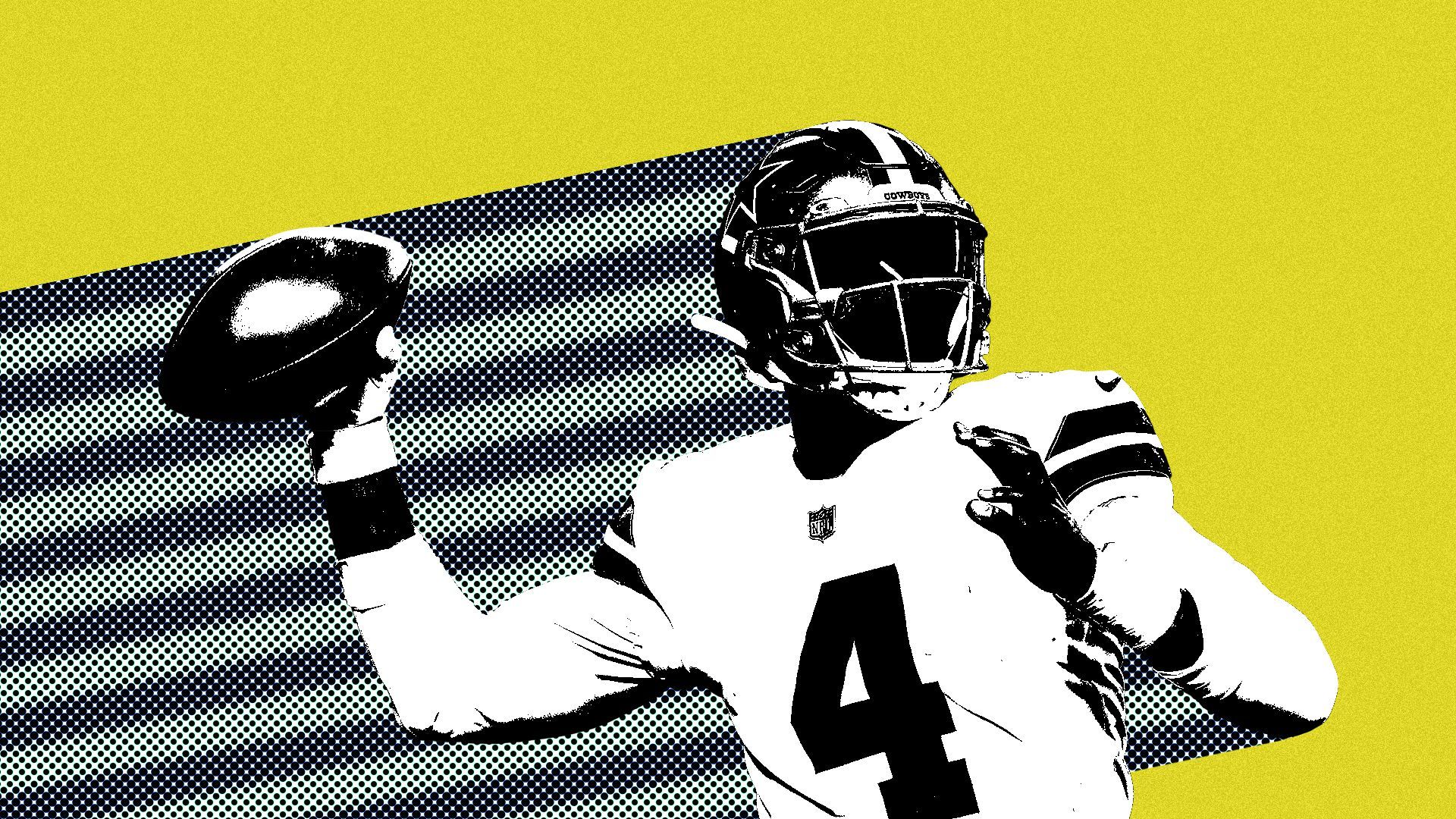 Photo illustration of Dallas Cowboys quarterback Dak Prescott with blue and silver stripes trailing behind him.