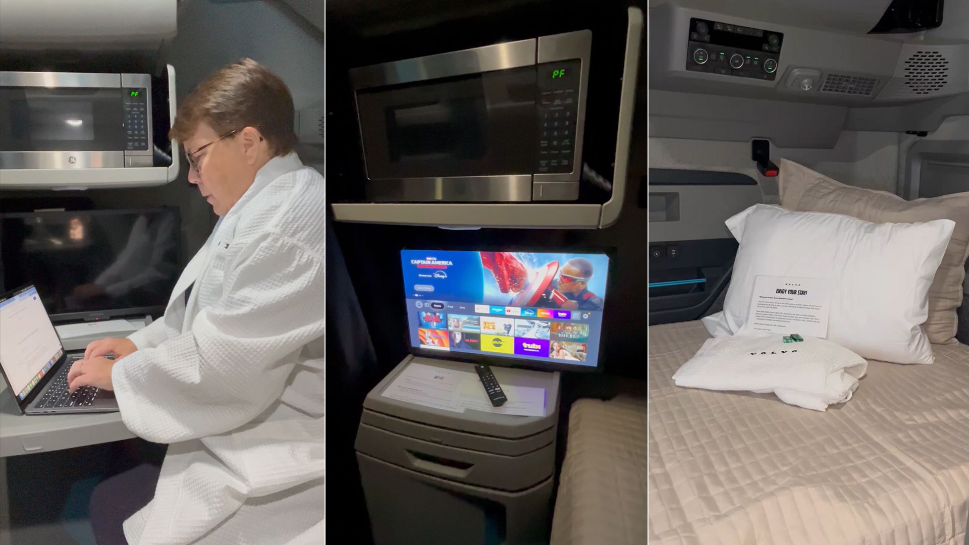 Three images of the sleeper cab in a Volvo VNL truck. The author, wearing a bathrobe is typing on a laptop using a pullout desk; a microwave above a TV showing streaming content; a cozy bed with pillow, robe and mints 