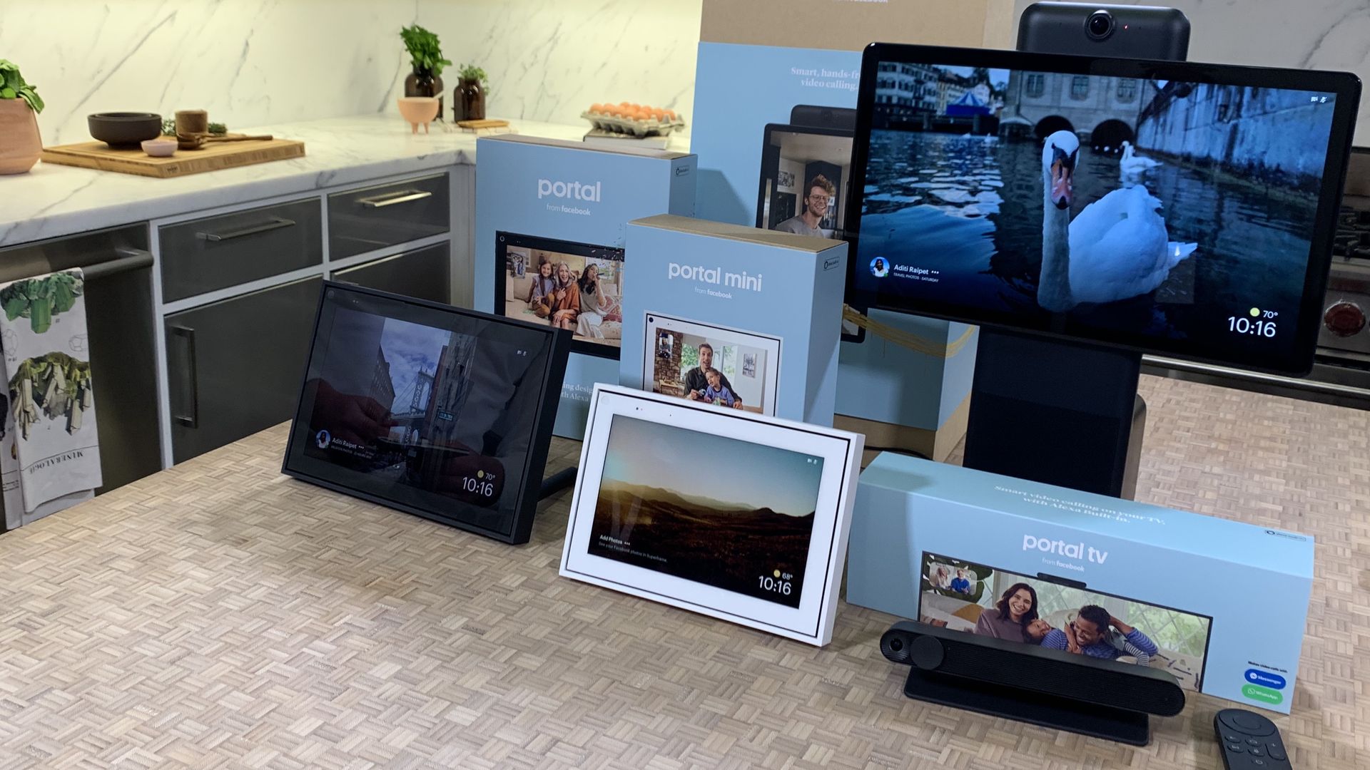 Facebook's expanded family of Portal devices in a kitchen