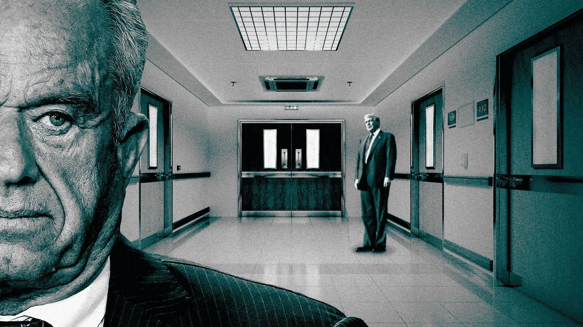 Photo illustration of Robert F. Kennedy Jr. looking out of the corner of his eye, down a hospital corridor at Donald Trump.