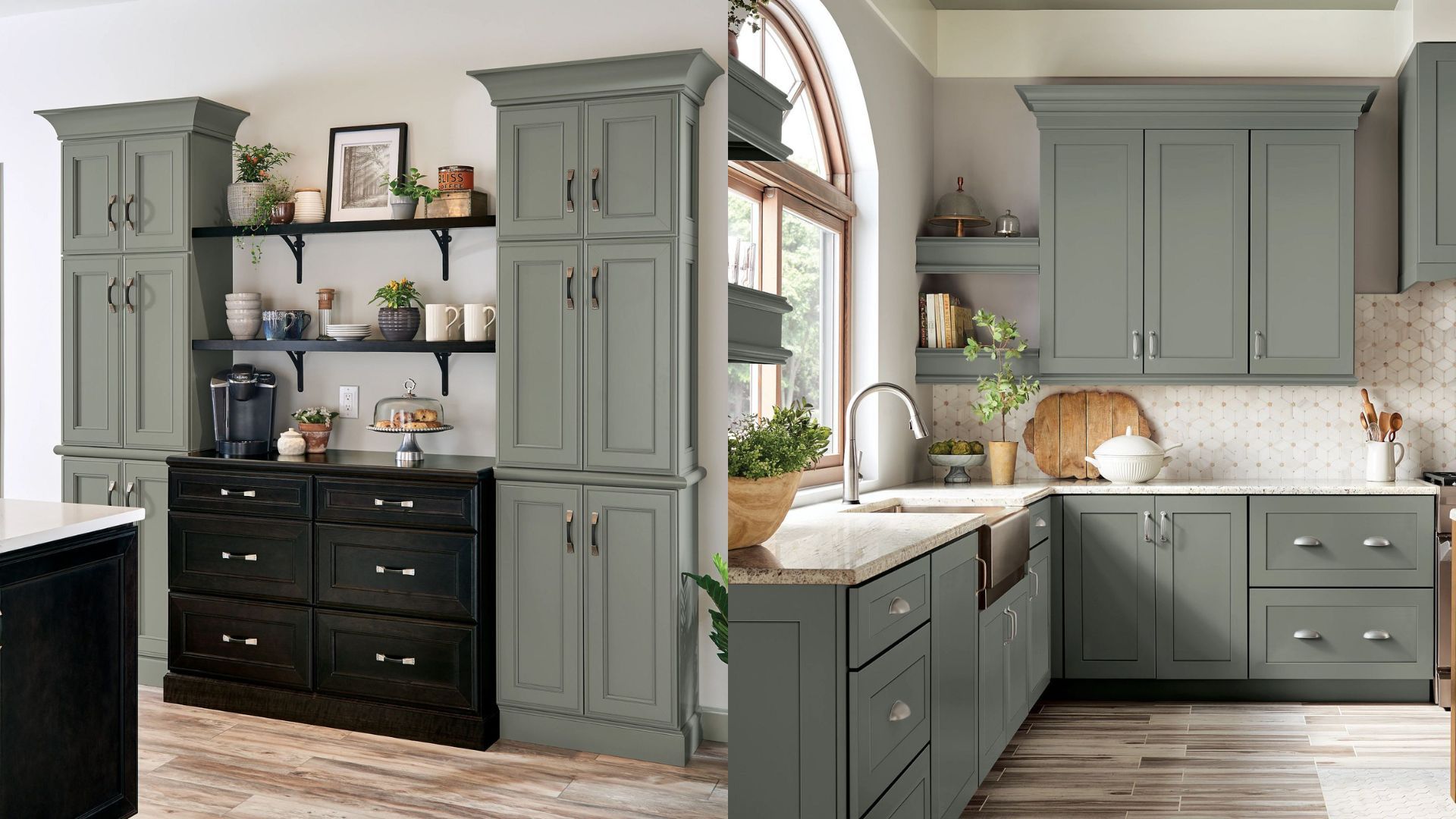 A kitchen with sage green cabinets, open shelving, and a mix of black lower drawers and natural wood accents.