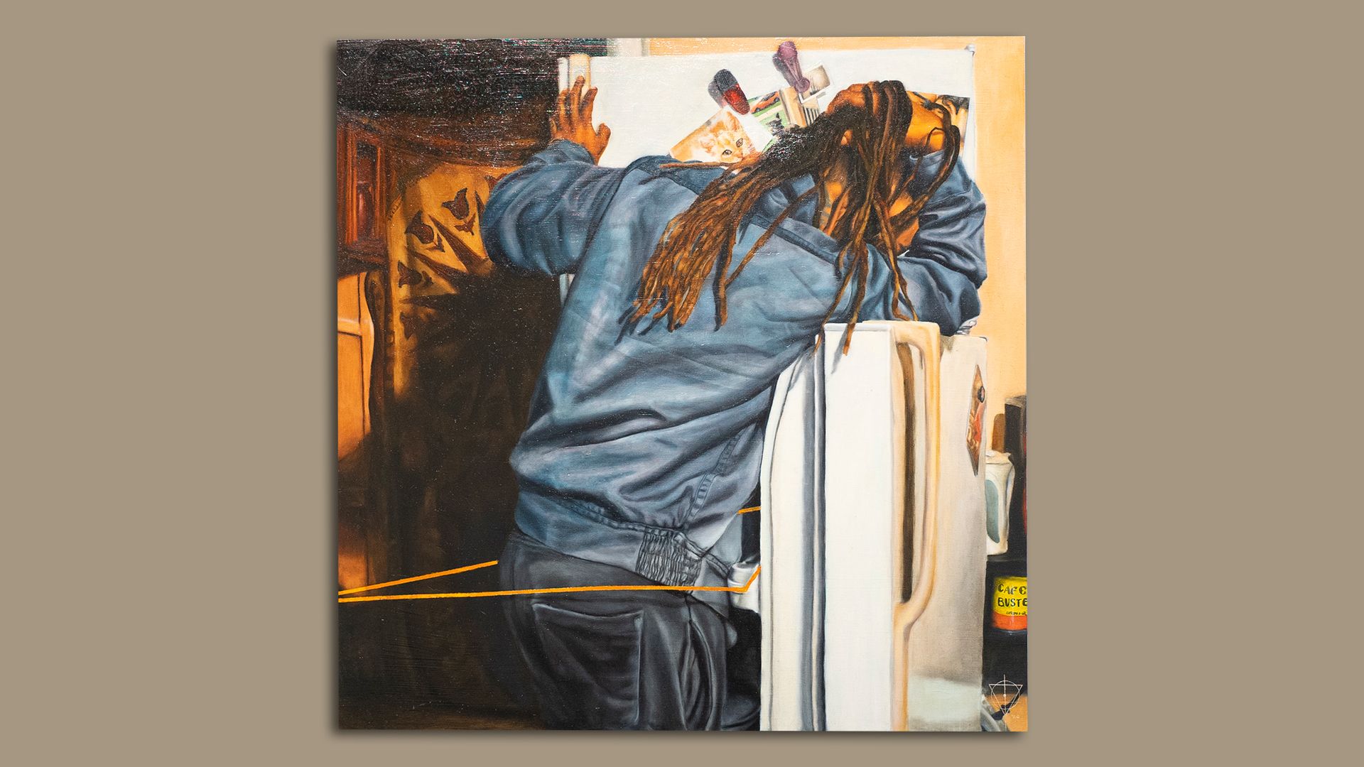 A painting of a person turned around facing a refrigerator. 