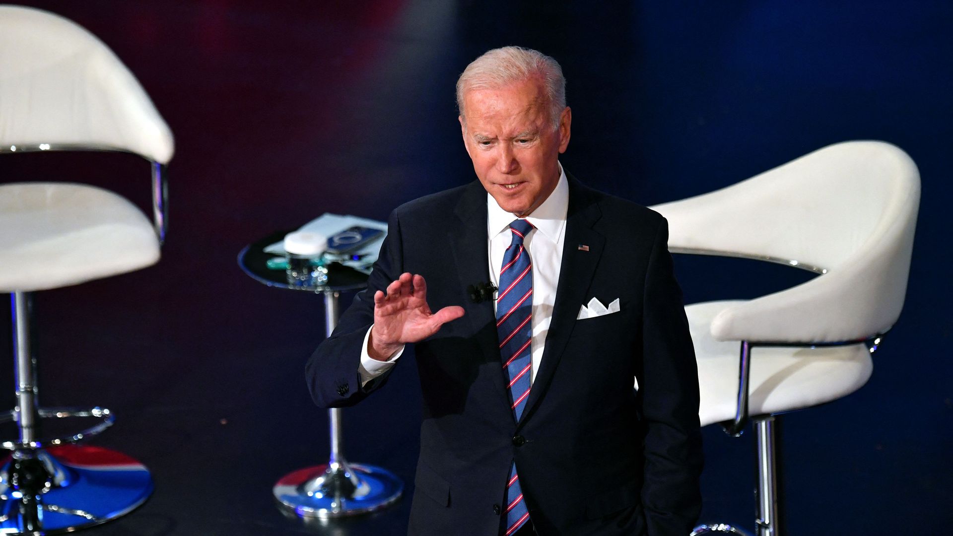 Photo of Joe Biden speaking on a stage with his right hand raised