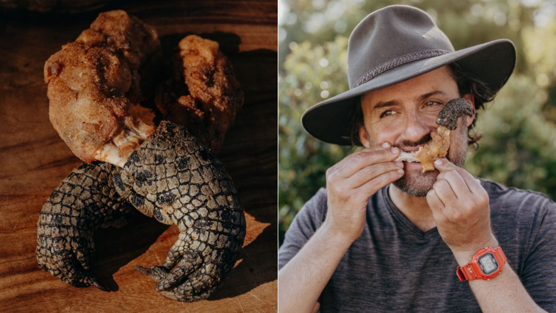 Split image: left shows a large, textured reptile foot with dark scales on a wooden surface; right shows a man in a gray shirt and wide-brim hat smiling while biting into a fried crocodile leg.