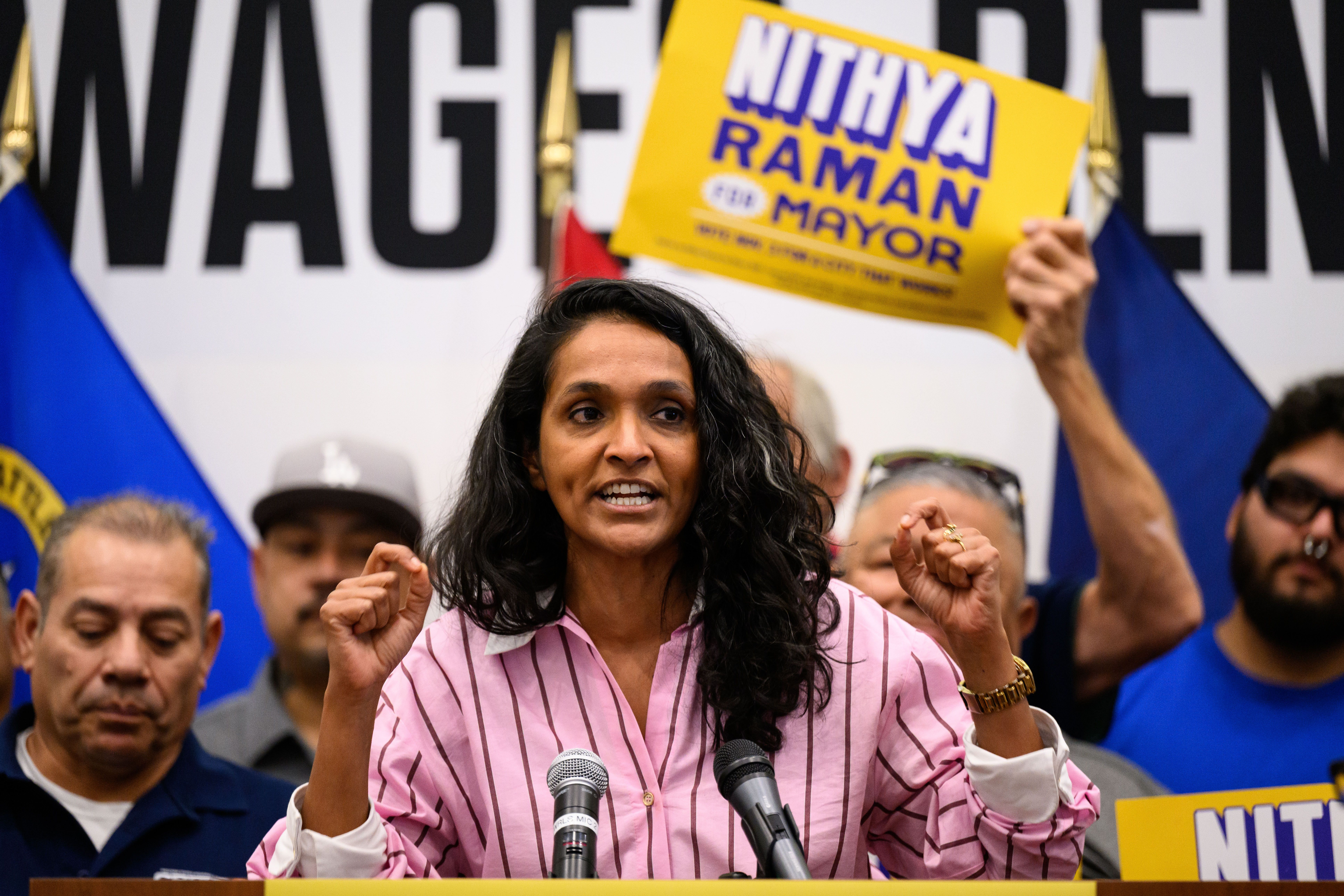 Los Angeles mayoral candidate Nithya Raman speaks during a campaign event on Saturday.