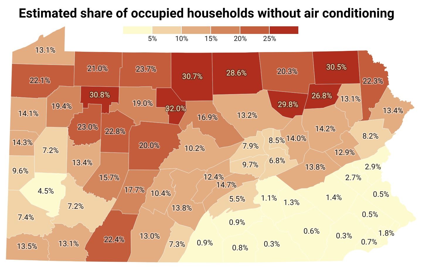 Color-coded US map showing estimated share of occupied households without air conditioning.