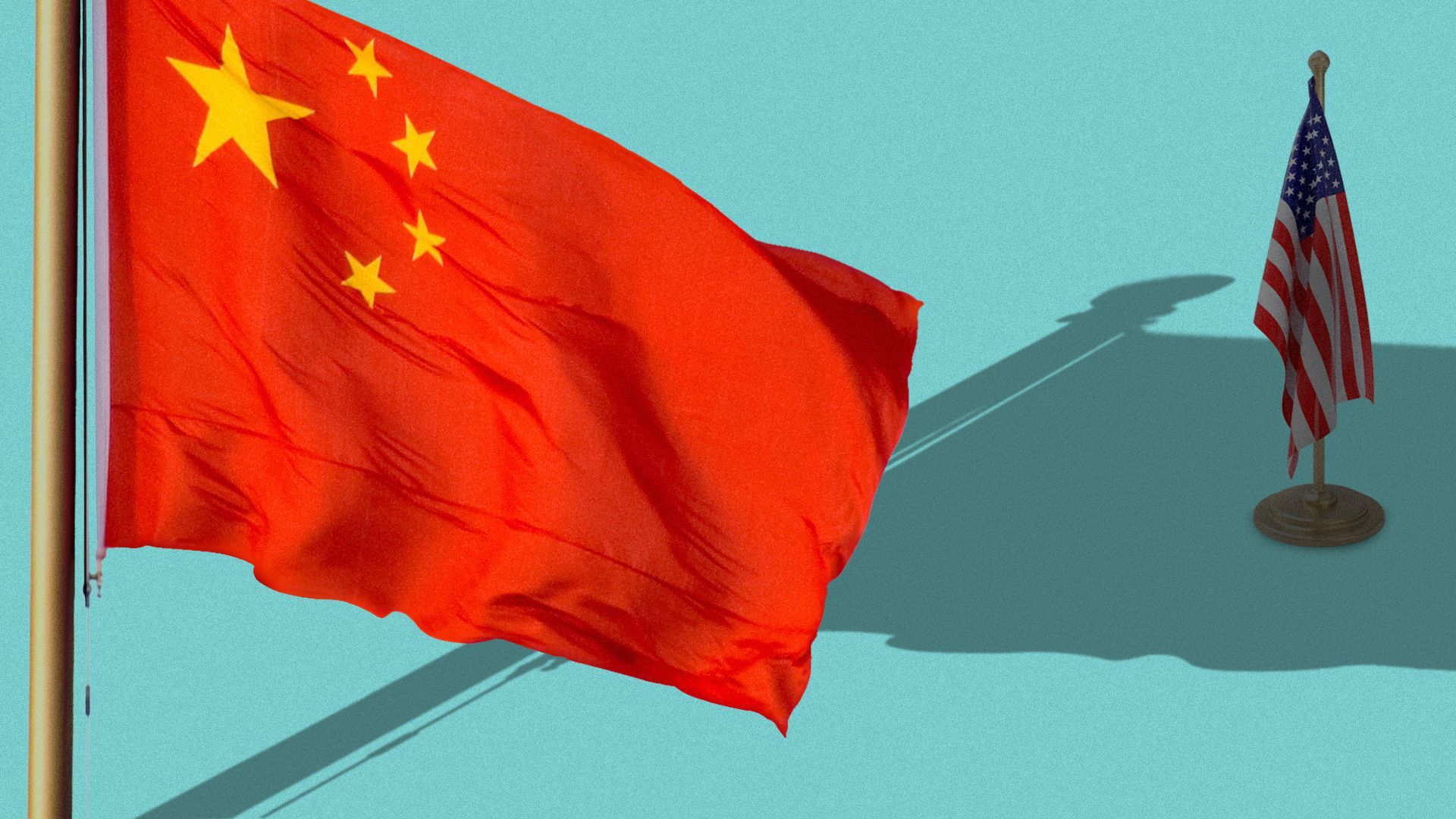 Illustration of China’s flag casting a shadow over a smaller US flag.