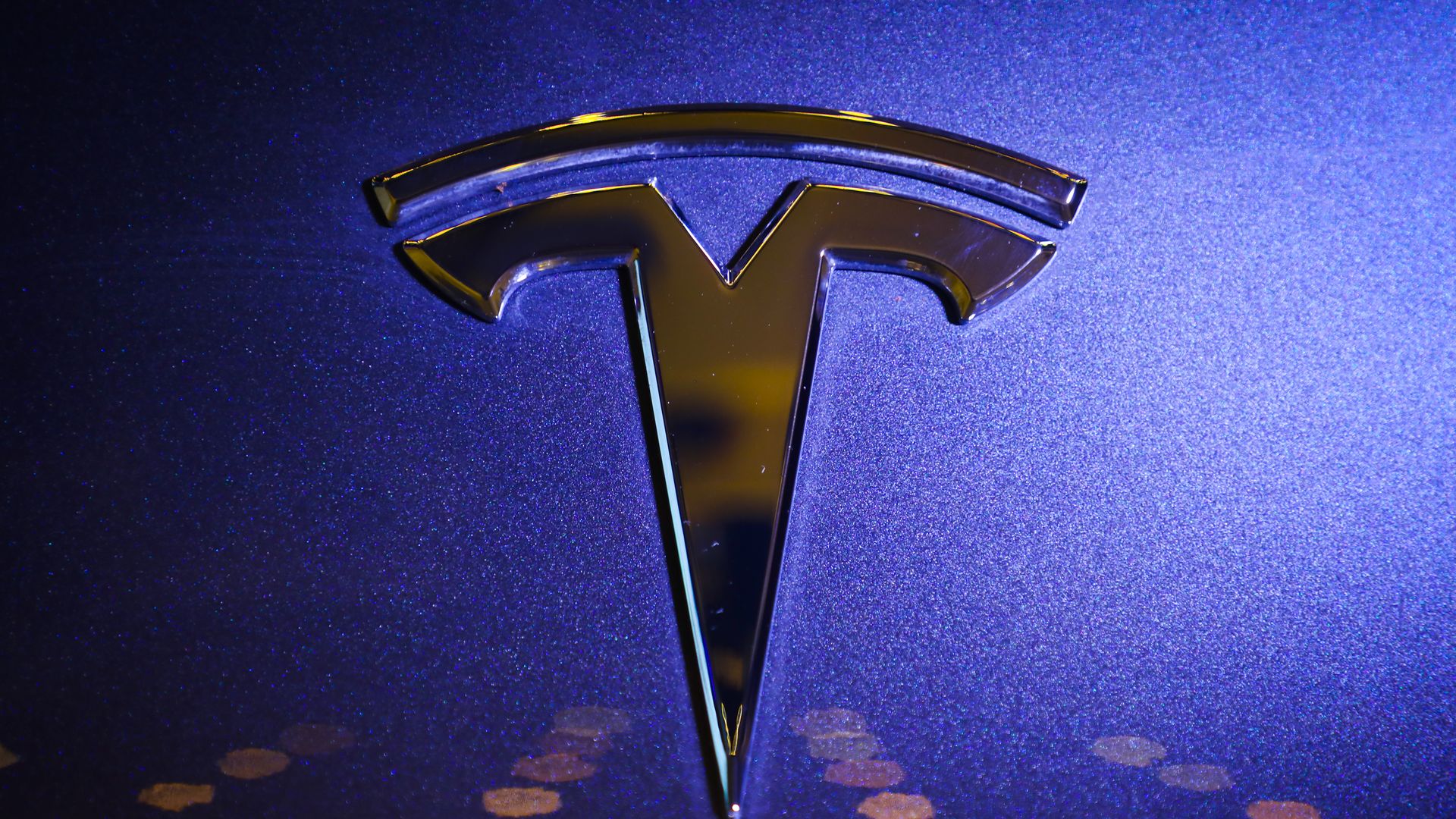 Photo of the Tesla car symbol highlighted with purple background