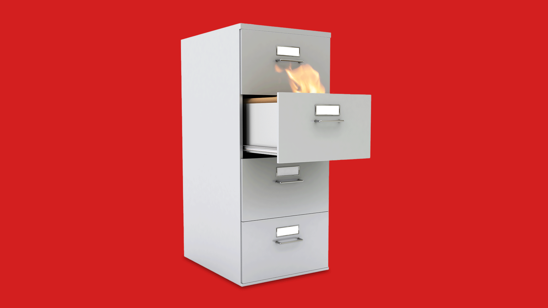 Illustration of a filing cabinet with one drawer pulled out and fire burning inside