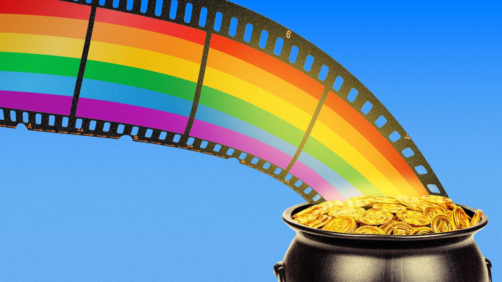 Illustration of a rainbow made from a film strip, ending in a pot of gold.