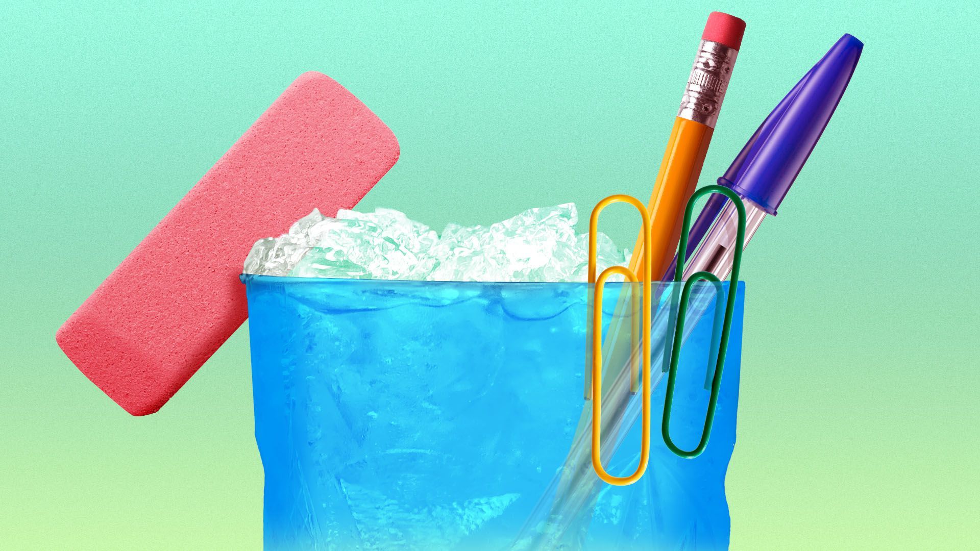 Illustration of a tropical cocktail garnished with office supplies