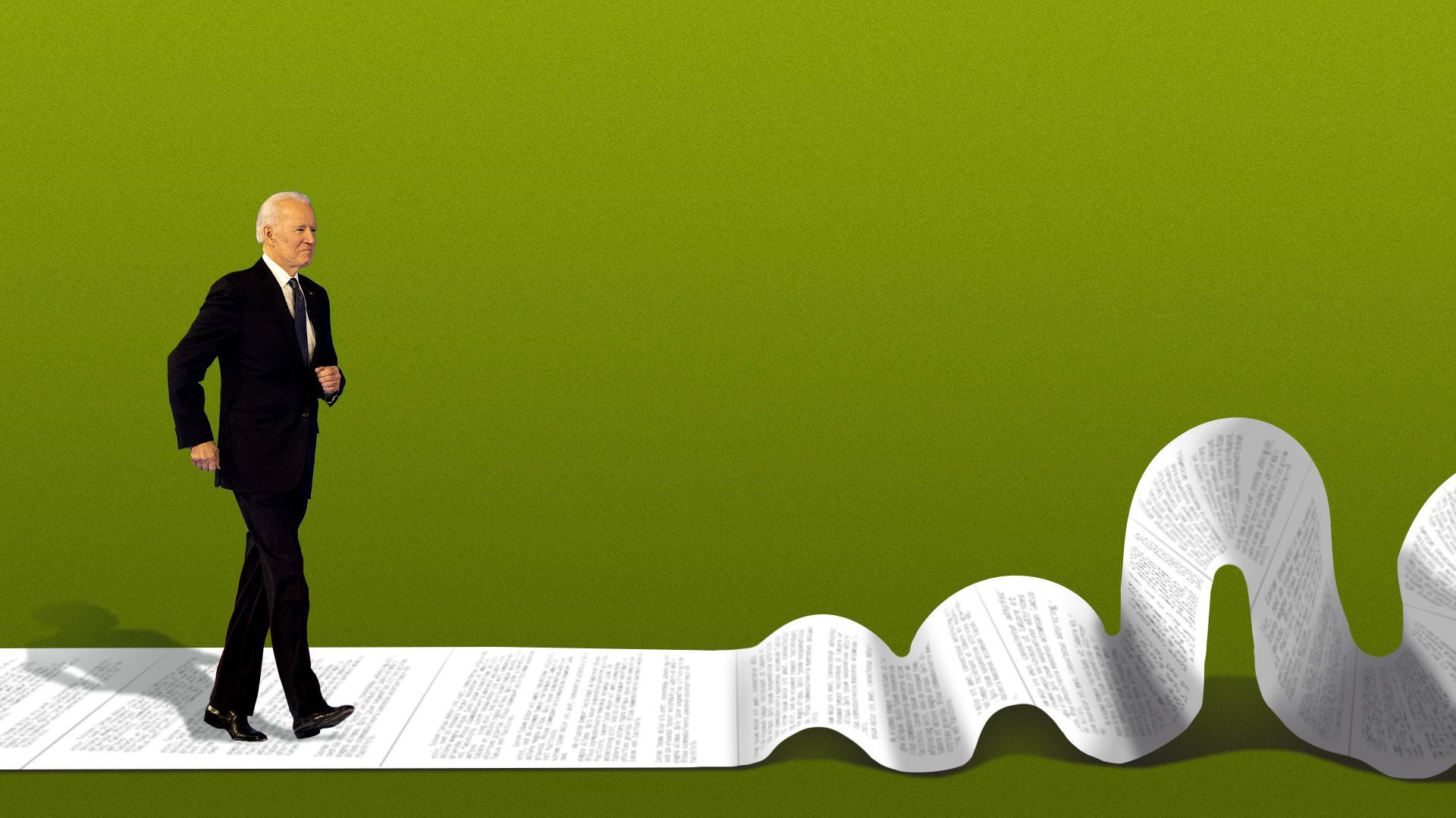 Photo illustration of President Biden walking down a carpet of legislative papers, with waves in the paper ahead of him