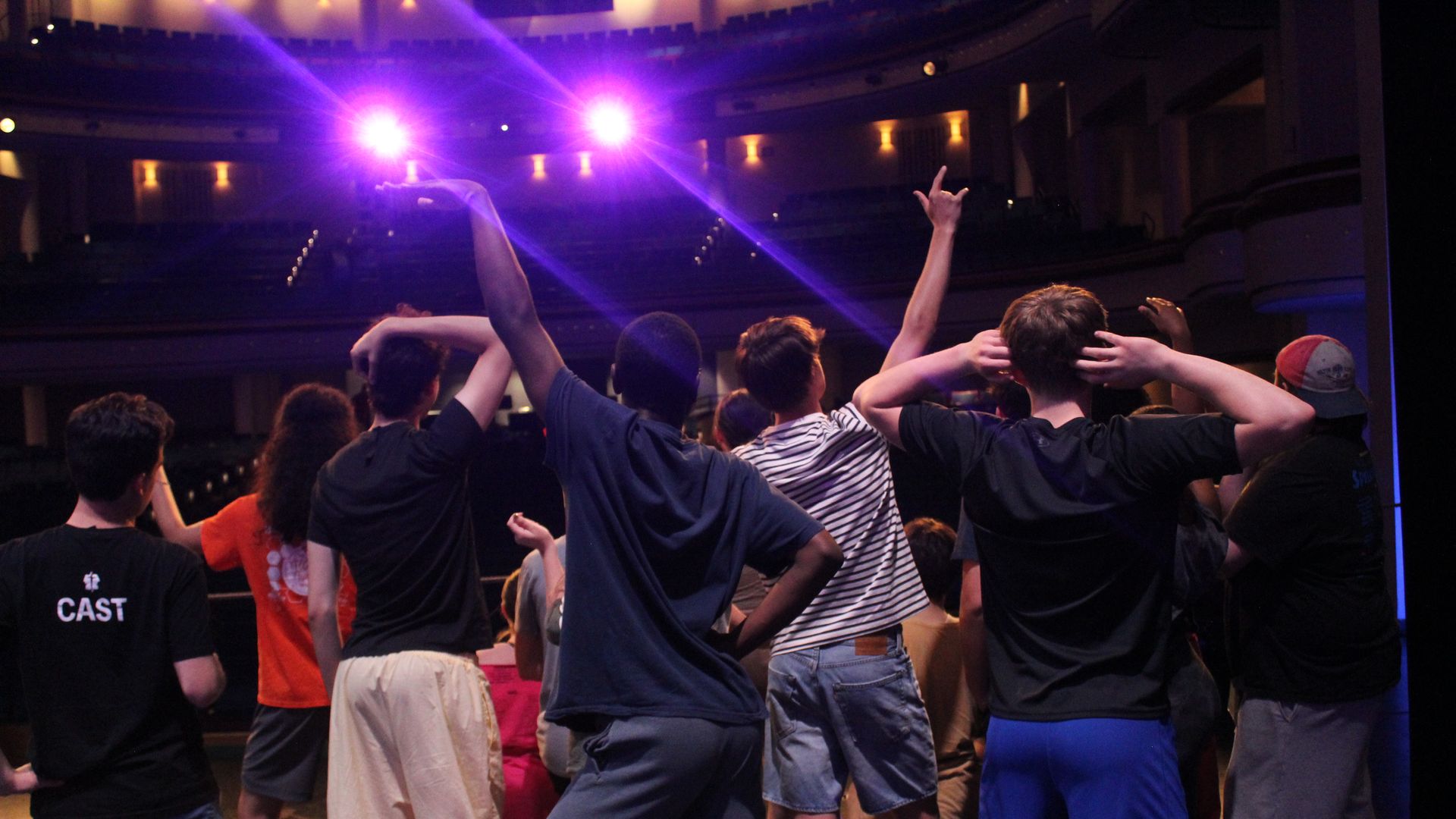 Backs of a group of people on a theater stage, arms raised in a dance pose under bright purple lights; audience seating and warm wall lighting visible in the background.