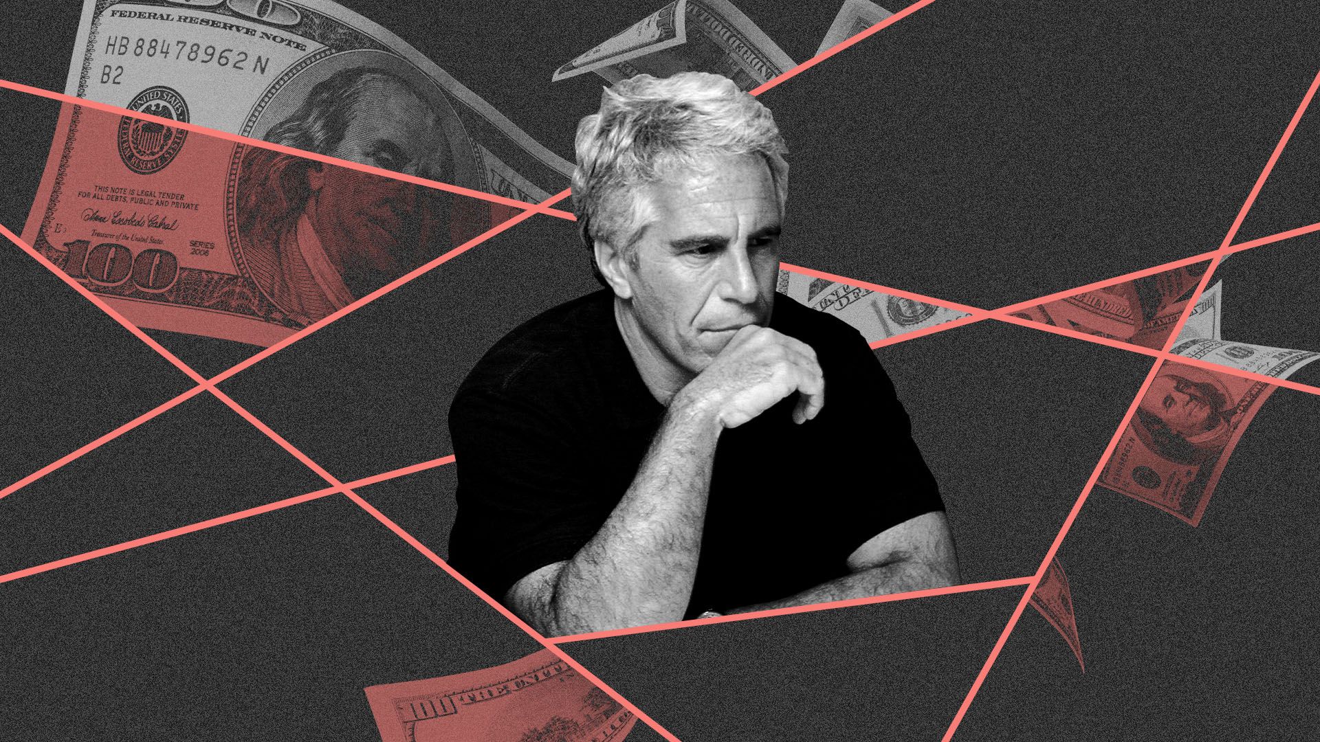 Illustration of Jeffrey Epstein against a background of money.