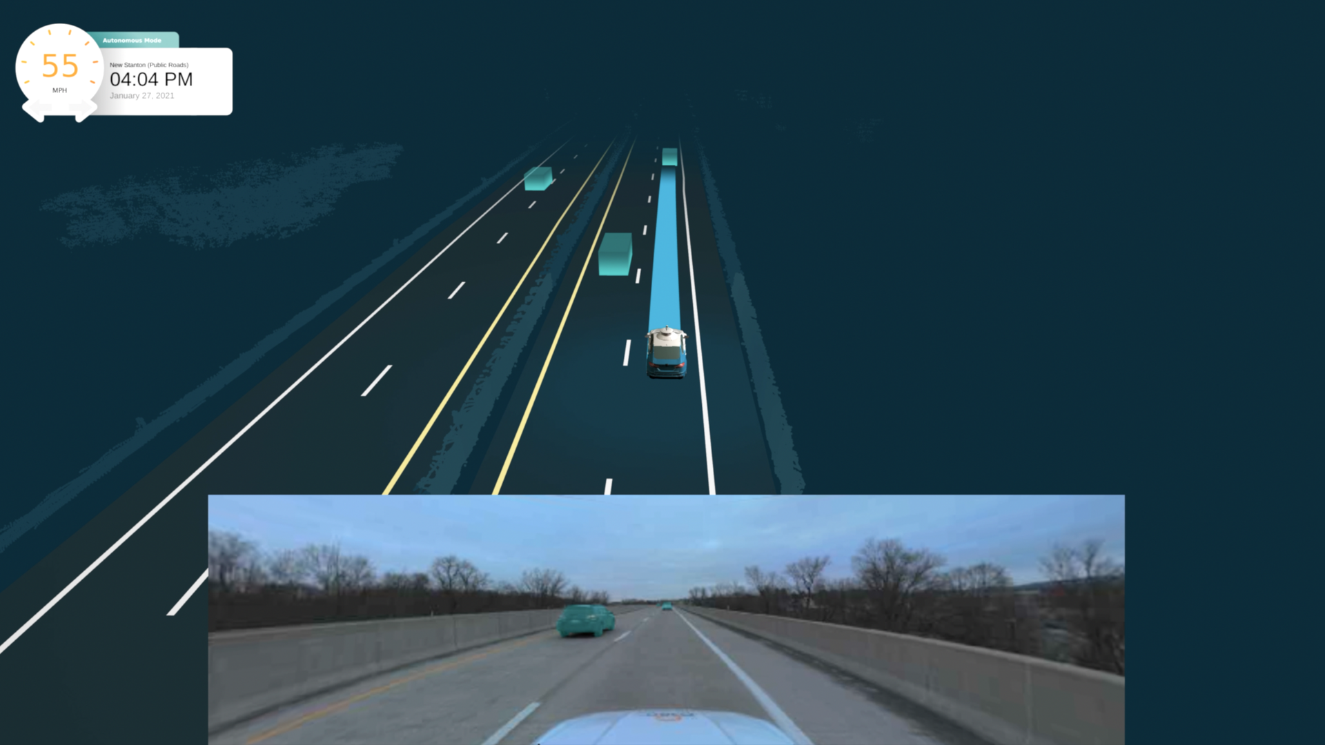 Computer screen of the road that Argo's self-driving car navigates through AI.