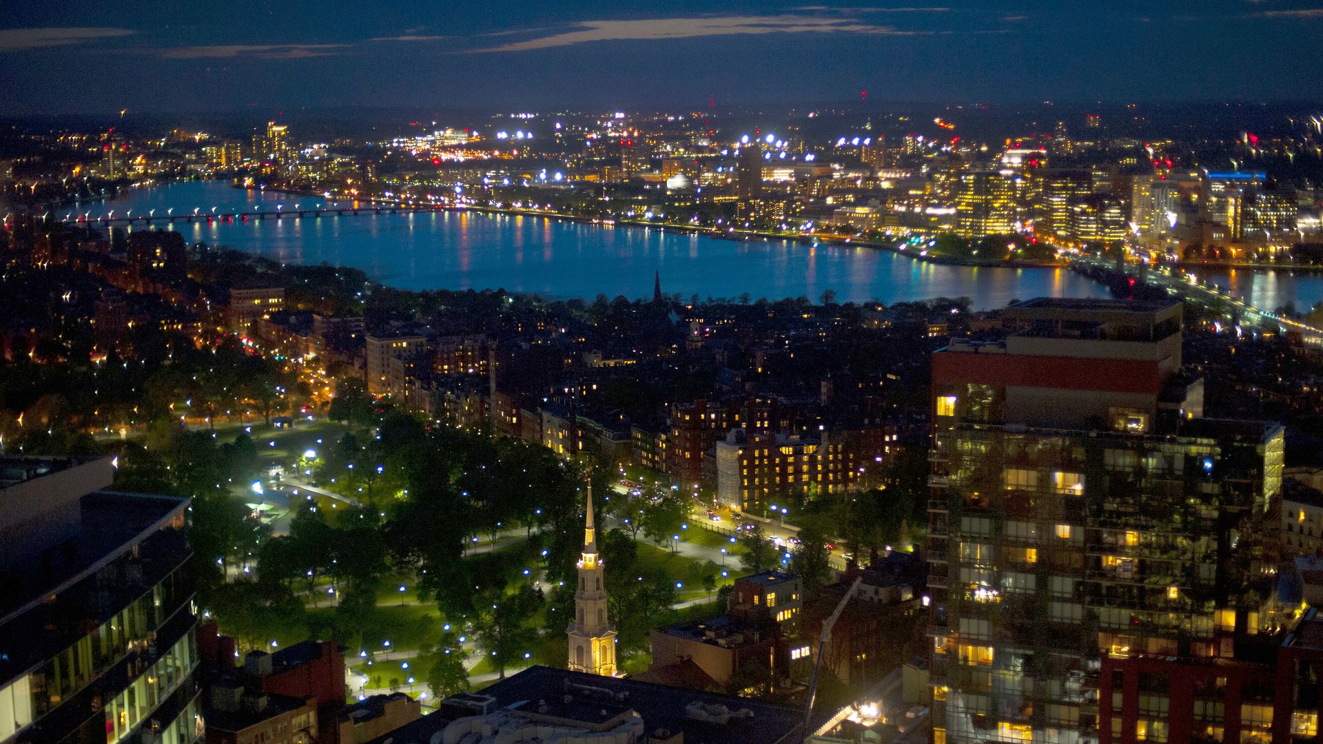 An aerial view of the Boston and Cambridge skylines