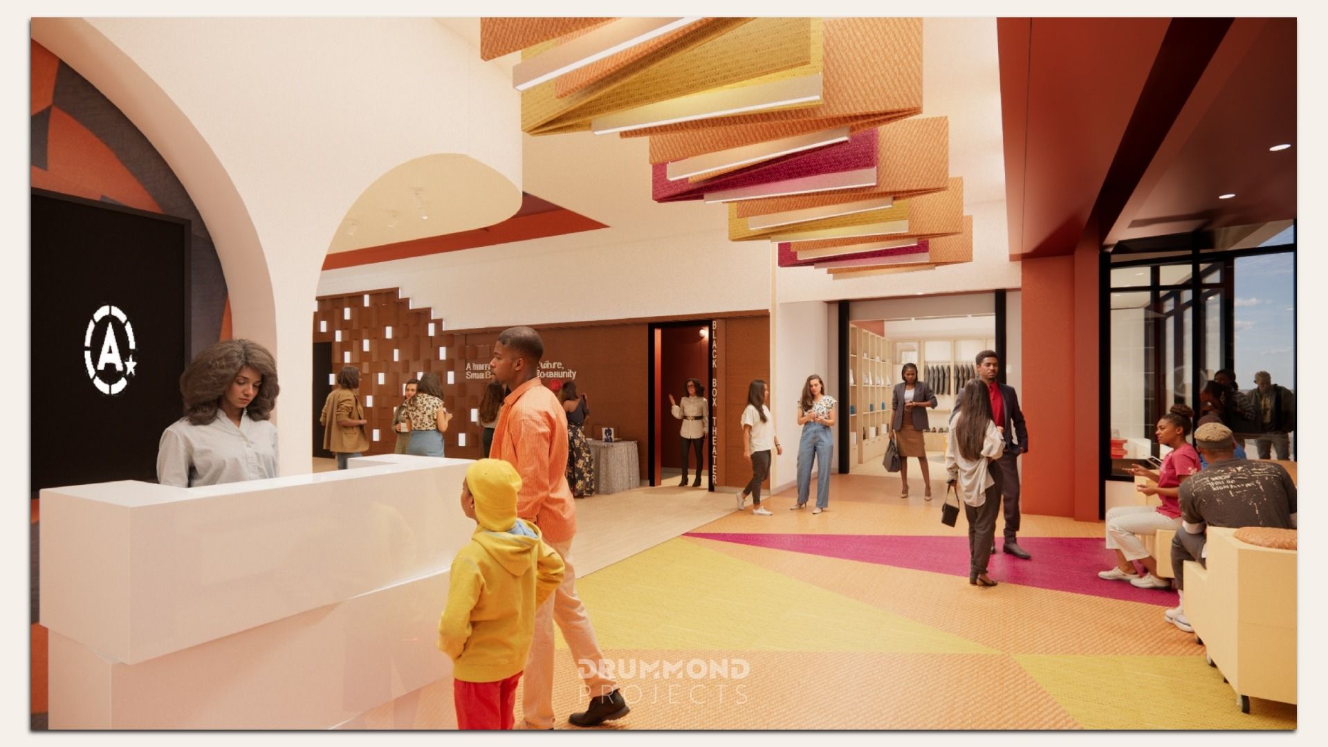Bright, modern lobby with colorful geometric ceiling panels and floor. People are standing and chatting, with a reception desk to the left and a black box theater entrance in the back.