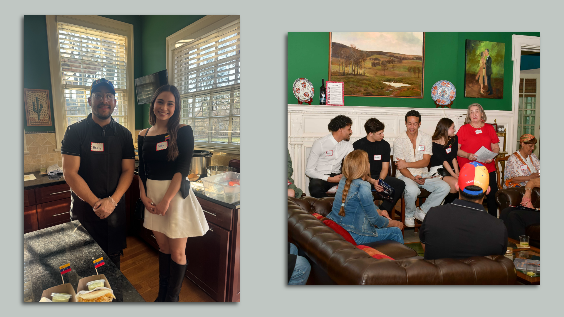 Photos of two people standing together and a group photo