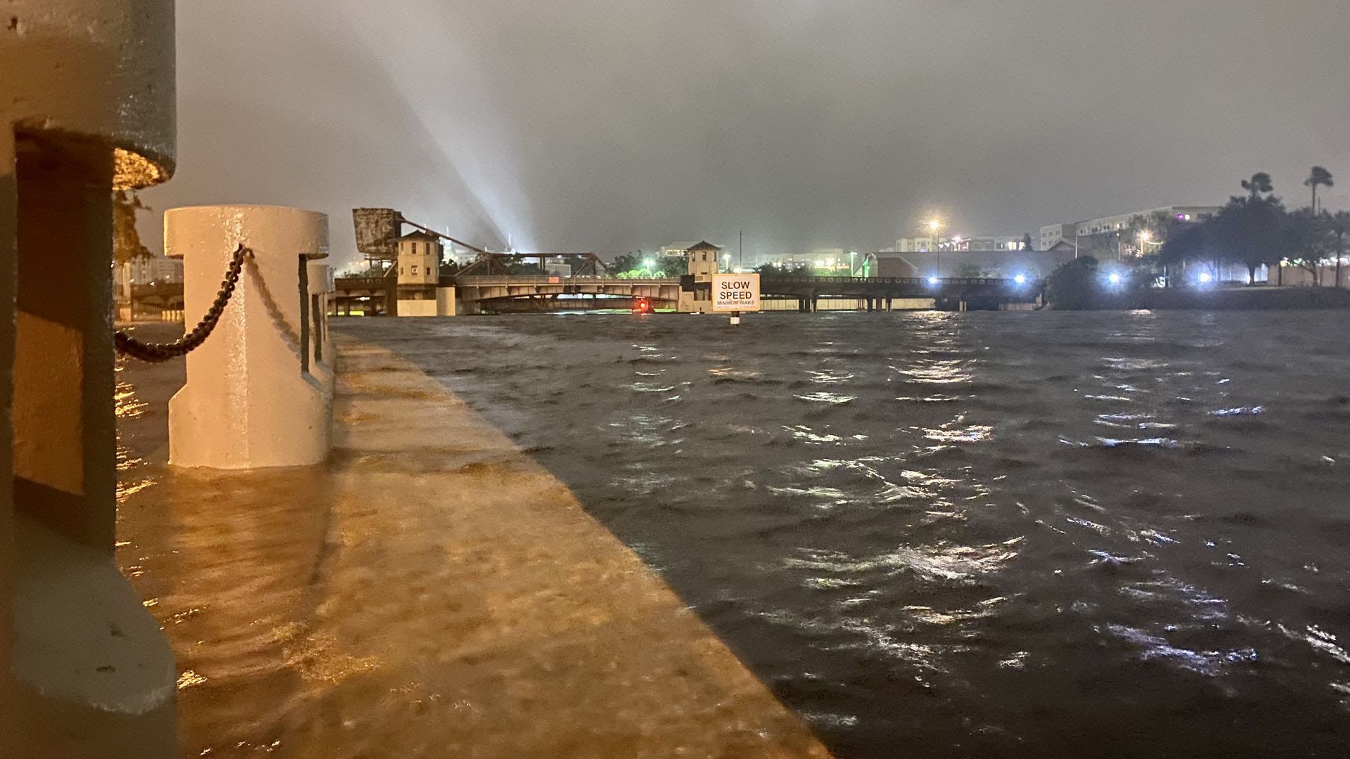 Storm surge from Tropical Storm Eta breached the Hillsborough River seawall near the Straz Center for the Performing Arts in downtown Tampa in November 2020.
