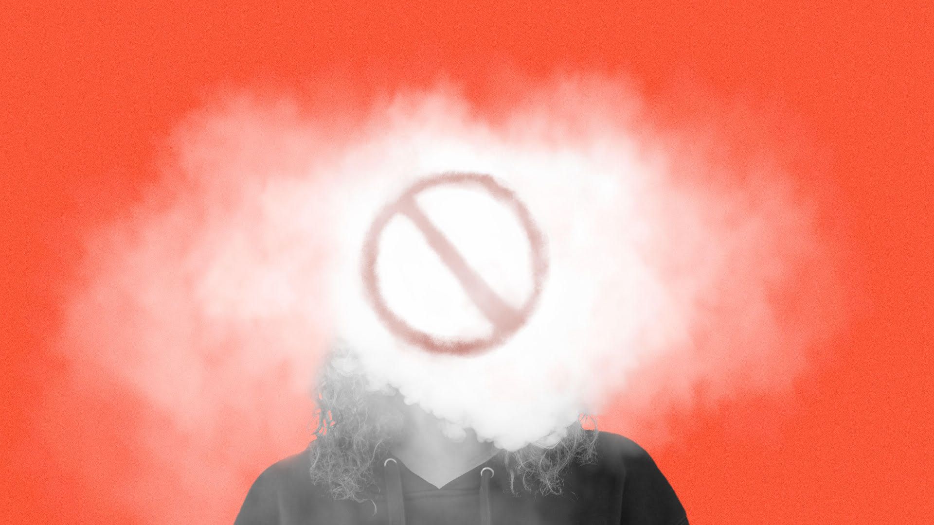 A person in a hoodie with their face covered in smoke. The smoke has a caution sign in the negative space.