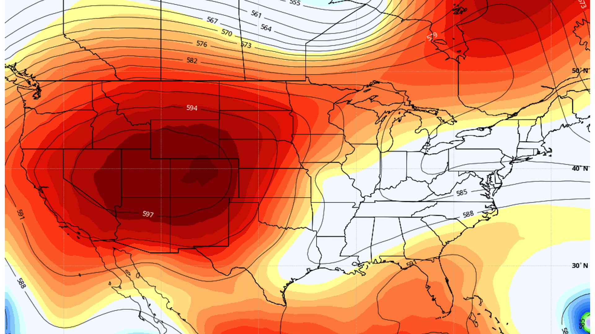 Map of the strength of the heat dome that is setting off the record high temperatures.
