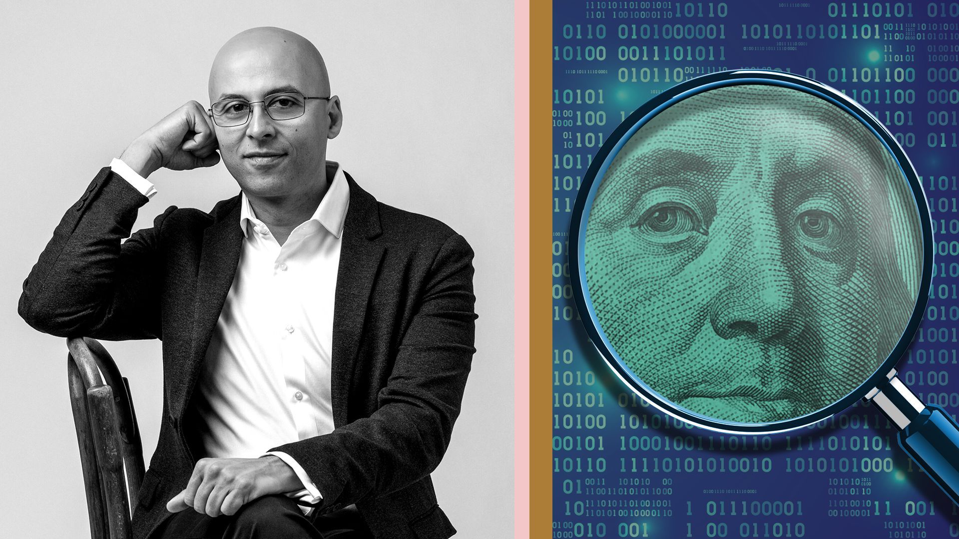 Photo illustration of Omid Malekan next to an image of a magnifying glass over a hundred dollar bill with binary code