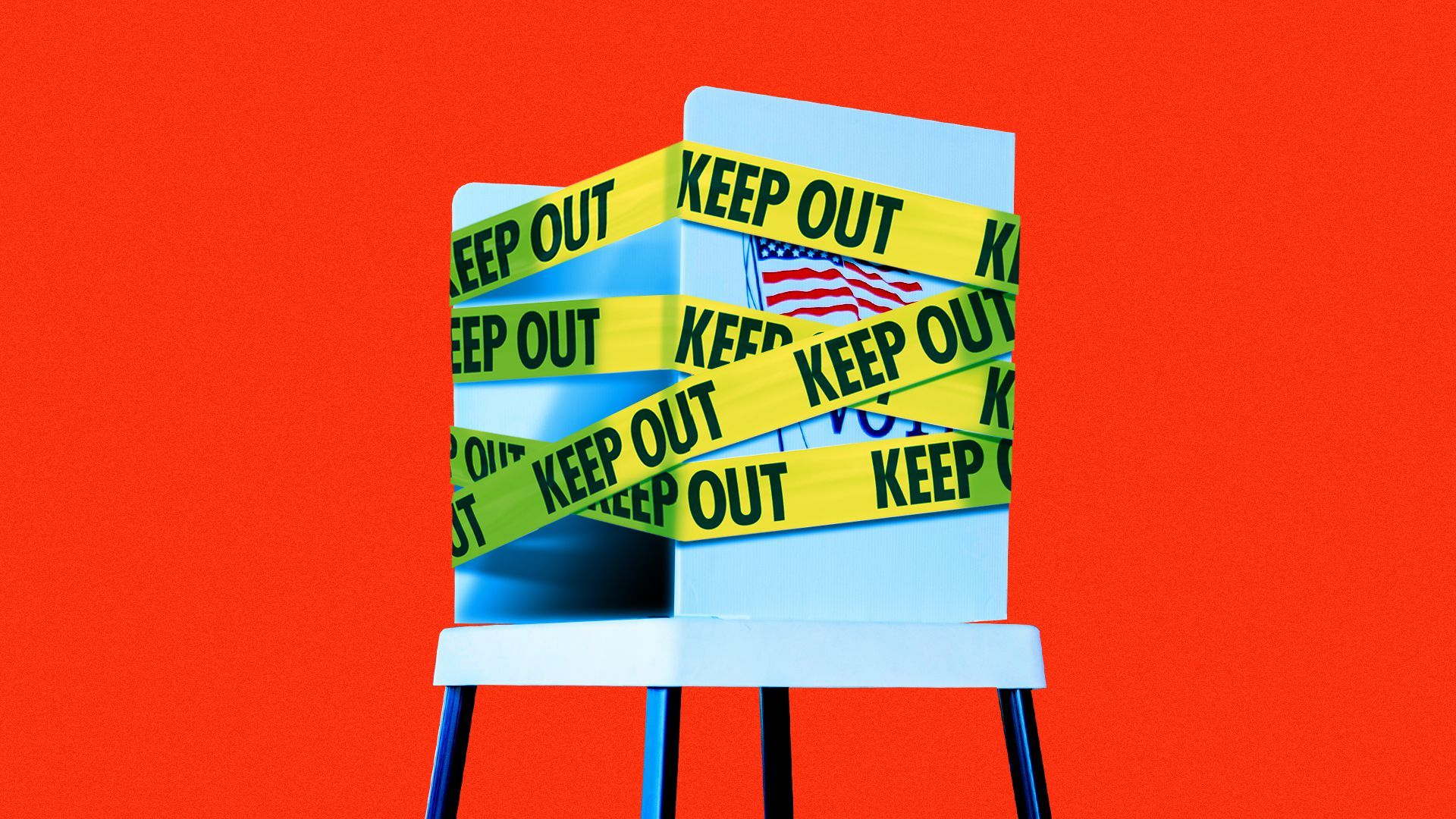 Illustration of a voting booth with "keep out" caution tape surrounding it