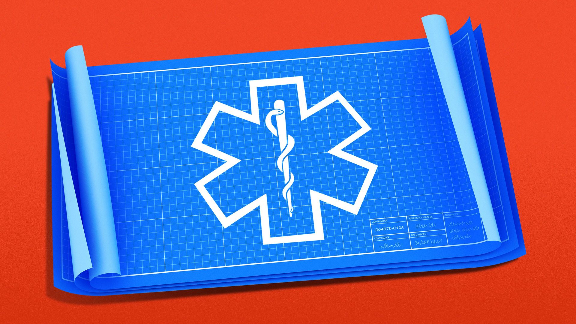 Illustration of blueprints with am ambulance emergency symbol drawn.