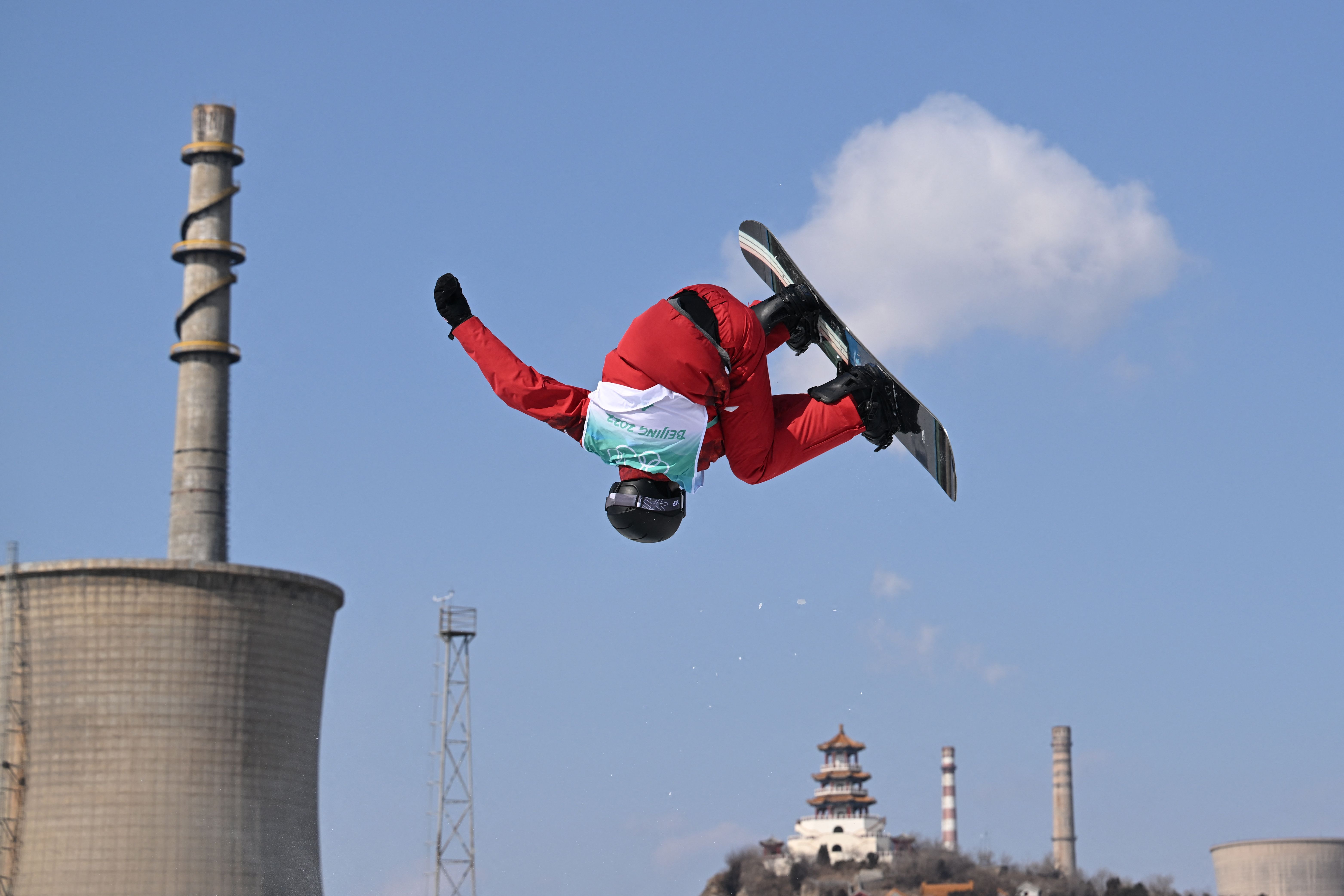 Canada's Max Parrot competes in the snowboard men's big air final run during the Winter Olympic Games at the Big Air Shougang in Beijing on February 15