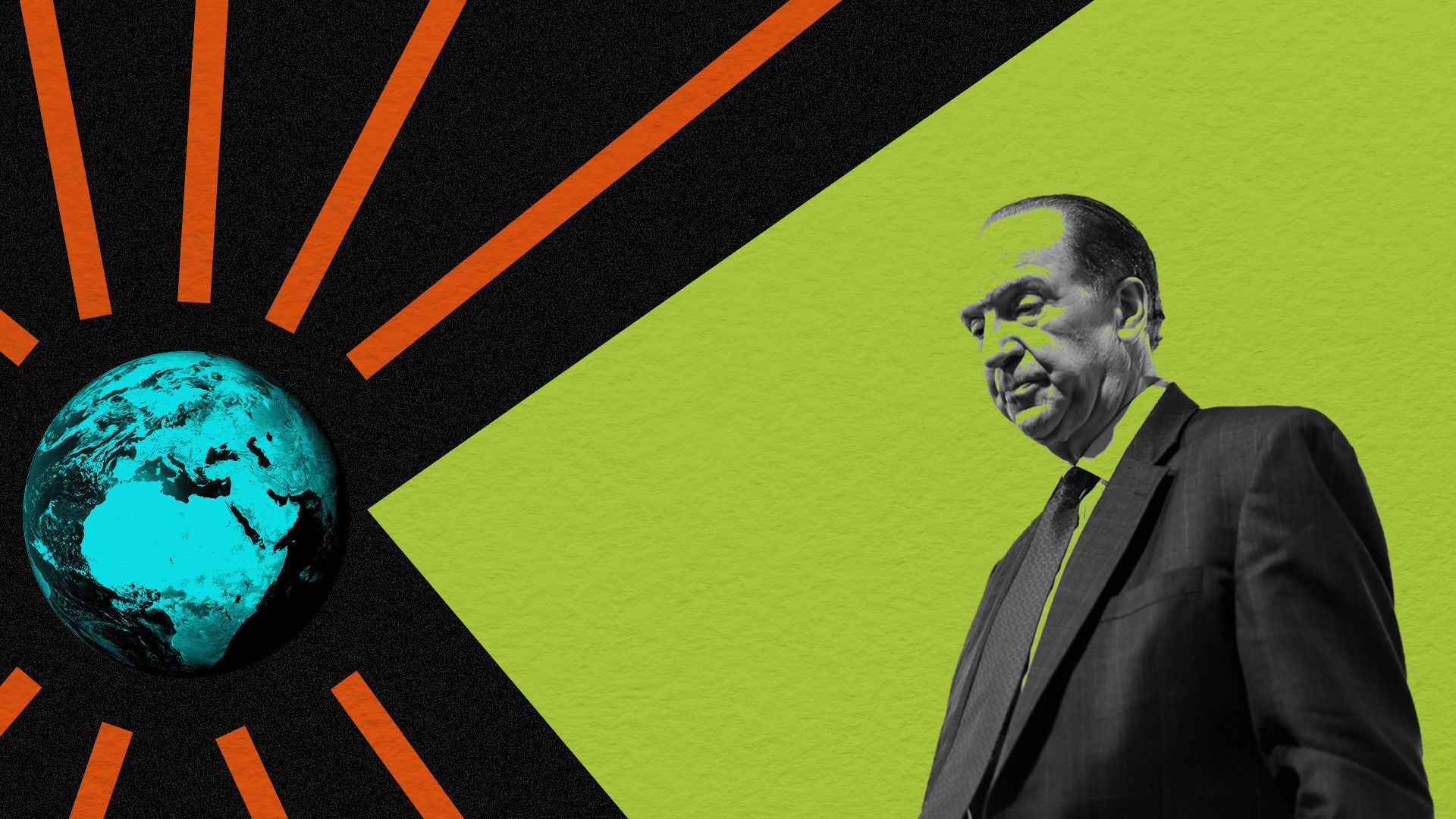 Photo illustration of David Malpass with a geometric shapes pointing at the globe.