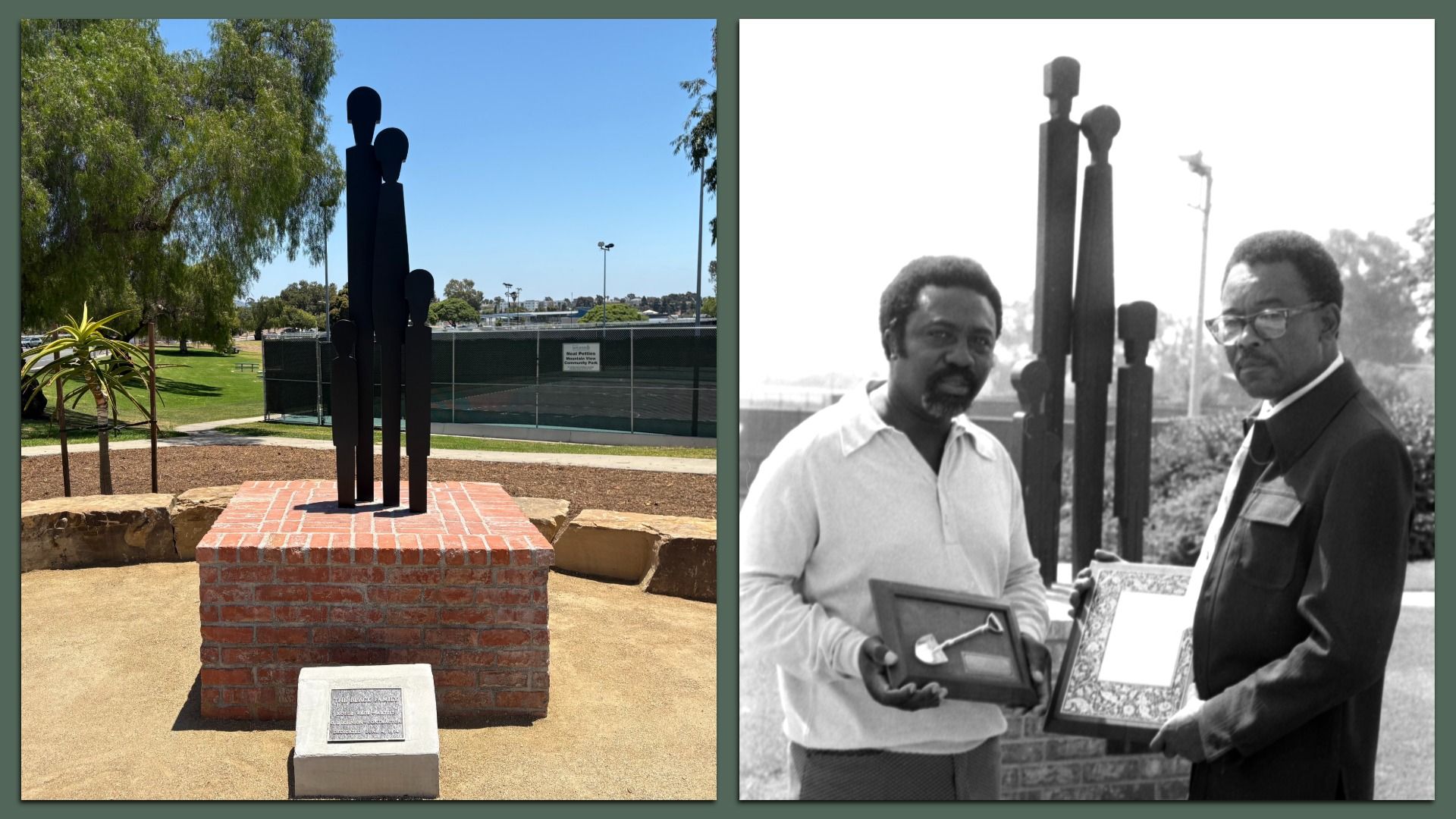 Left panel: sunny park with a tall black metal sculpture of parens and two children on a brick pedestal; trees and a sport court in the background. Right panel: black-and-white photo of two men presenting a framed award beside the sculpture.