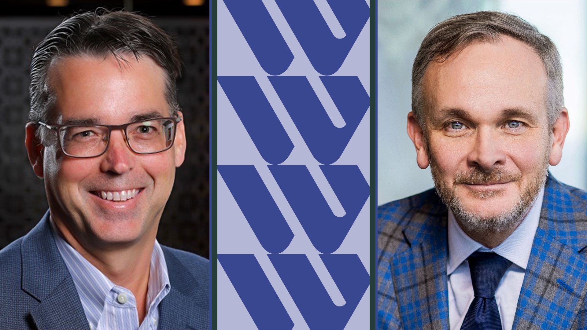 Photo illustration of Devin McGranahan and Matt Cagwin next to the Western Union logo and geometric shapes.