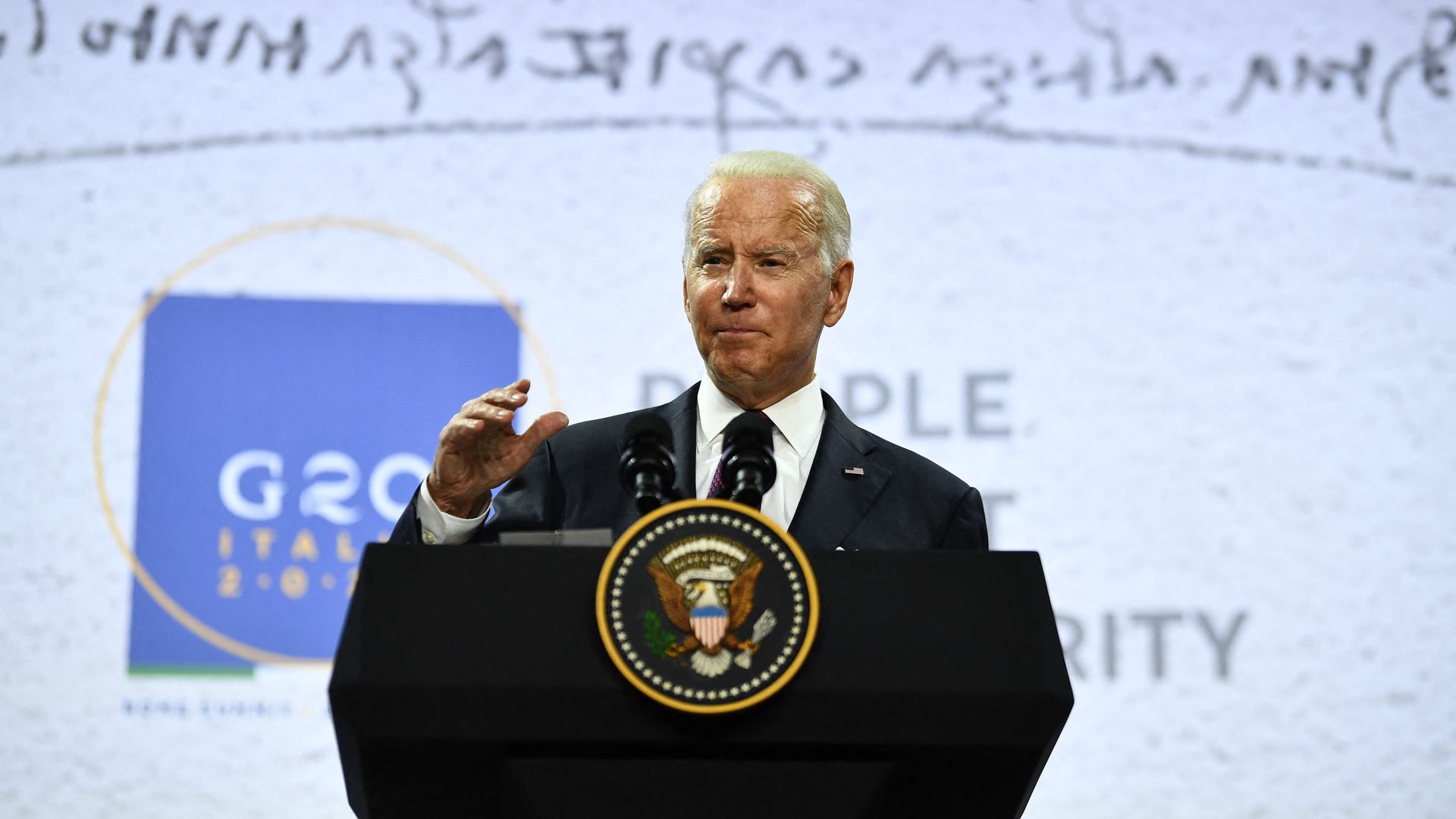 Joe Biden addresses a press conference at the end of the G20 of World Leaders Summit on October 31