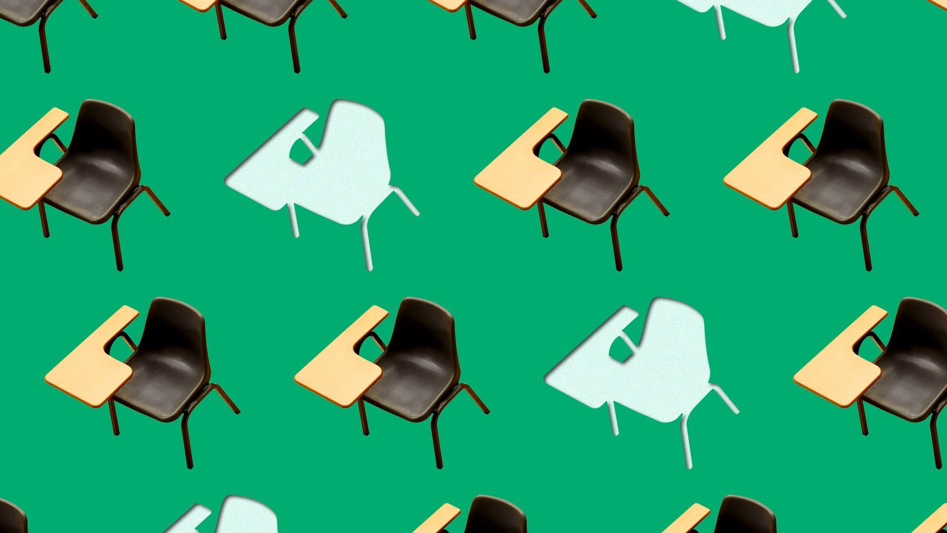 Illustration of school desks, some of them cut out with nothing behind them.