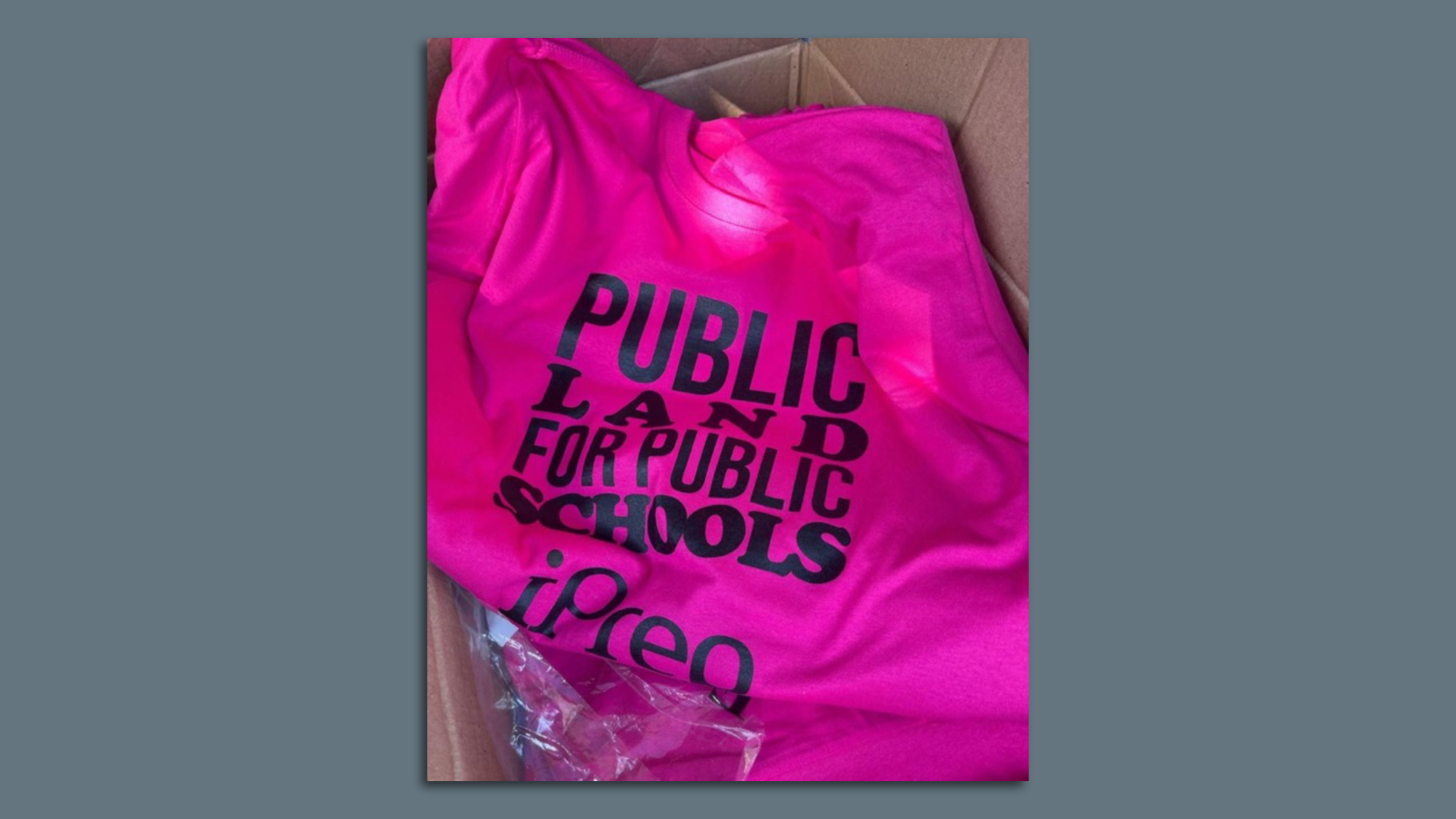 Hot pink shirts that have Public Land for Public Schools written across the front.