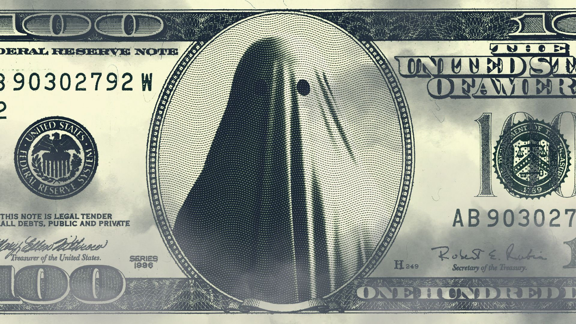 Illustration of a hundred dollar bill with a ghost in the portrait instead of Benjamin Franklin. 