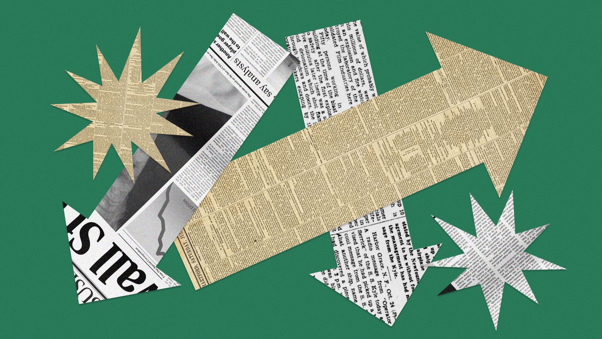 Photo illustration of newspaper cut-outs shaped like bursts and arrows pointing in varying directions