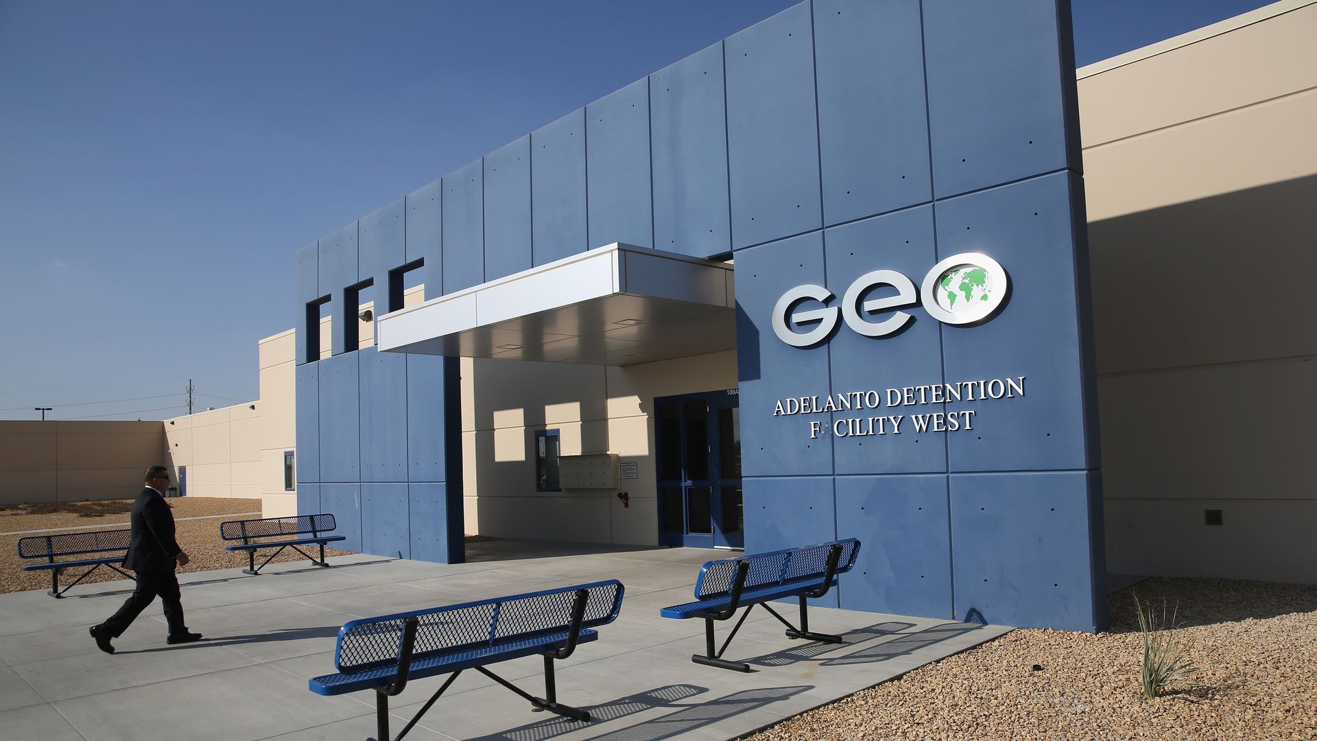 The entrance to a GEO Group detention facility in Adelanto, California.