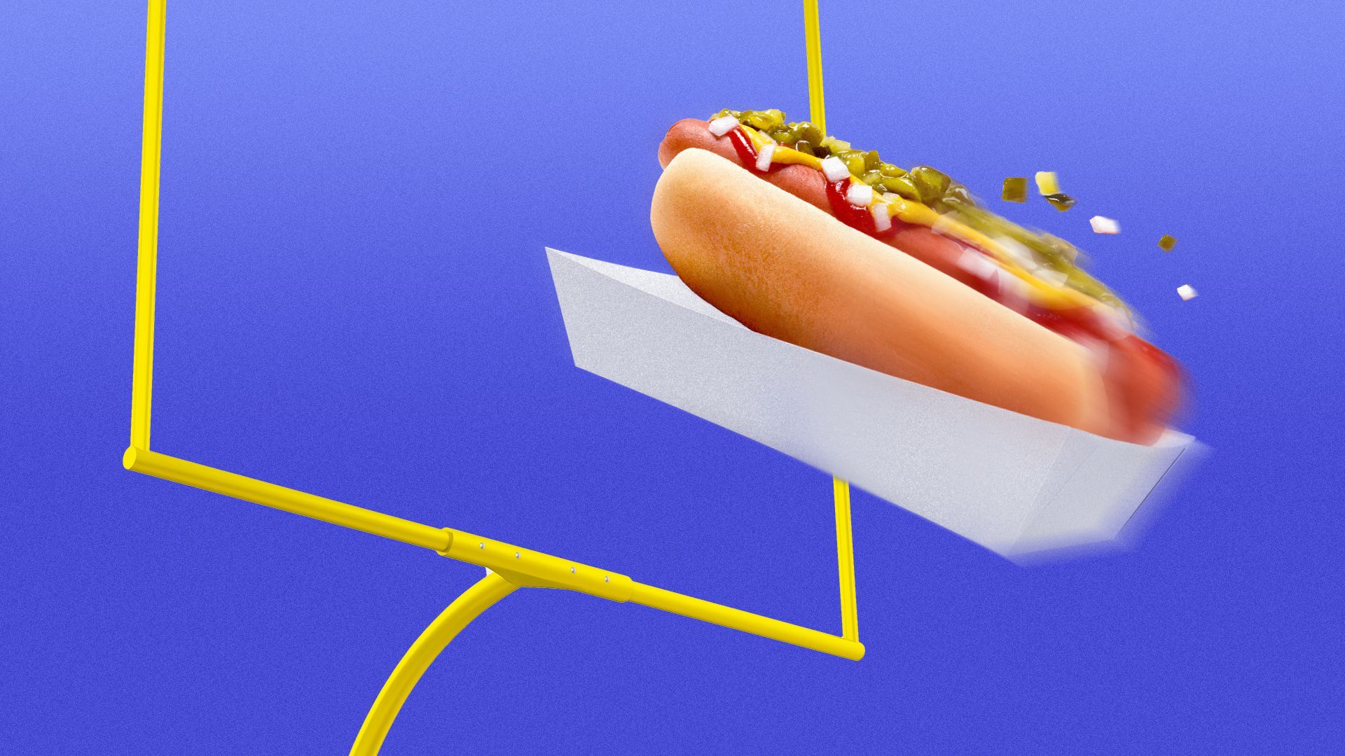 Illustration of a hot dog flying through a goal post.
