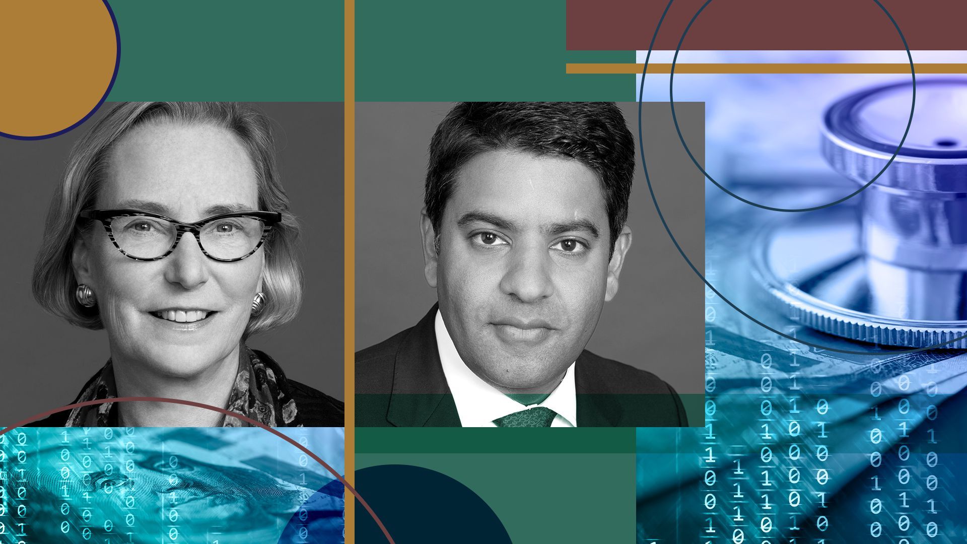Photo illustration of Ravi Sachdev, partner at CD&R, and Sandi Peterson, operating partner at CD&R and imagery conveying the merging of healthcare and tech.