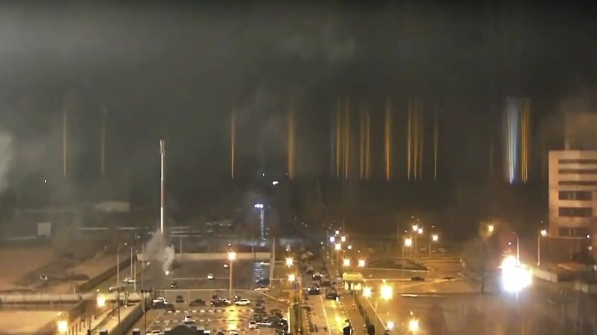 A screen grab captured from a video shows a view of Zaporizhzhia nuclear power plant during a fire following clashes around the site in Zaporizhzhia, Ukraine on March 4