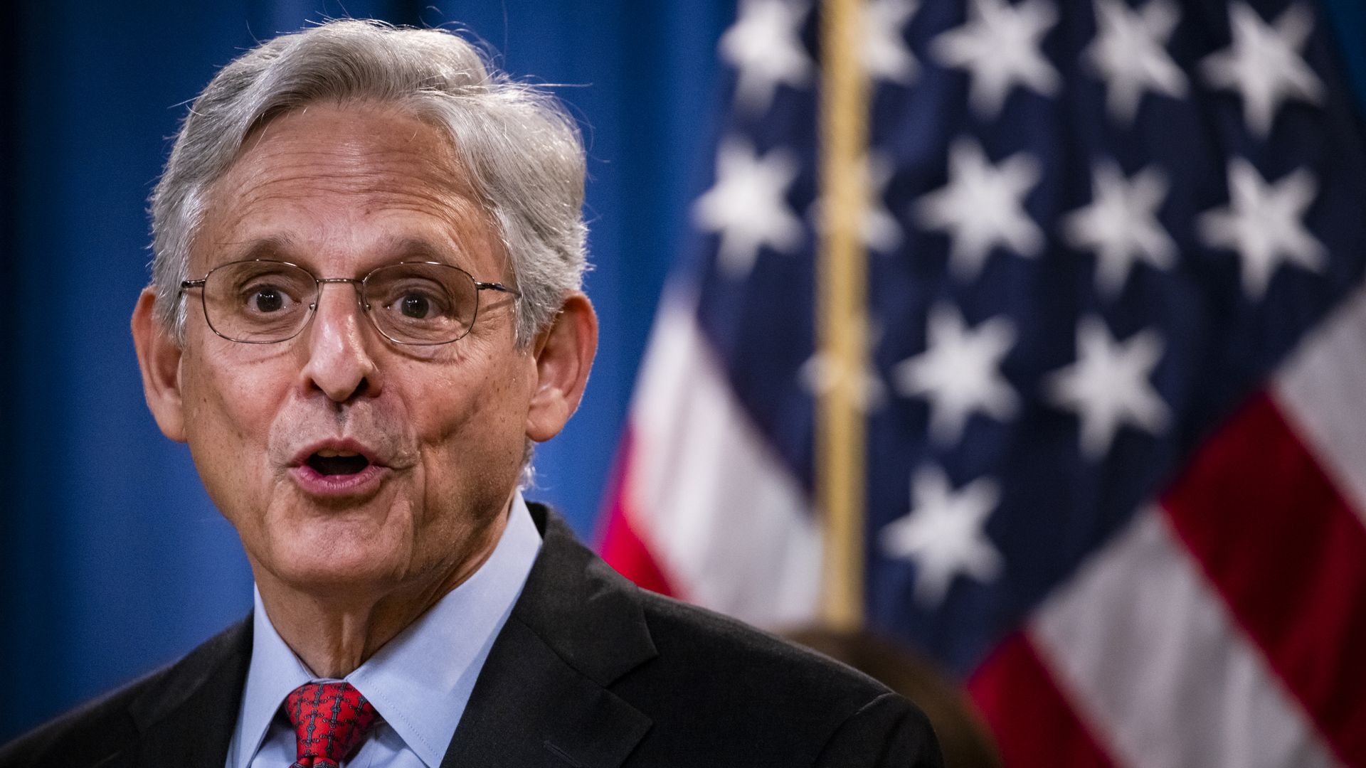 Merrick Garland, U.S. attorney general, speaks during a news conference at the Department of Justice in Washington, D.C., U.S., on Thursday, Sept. 9