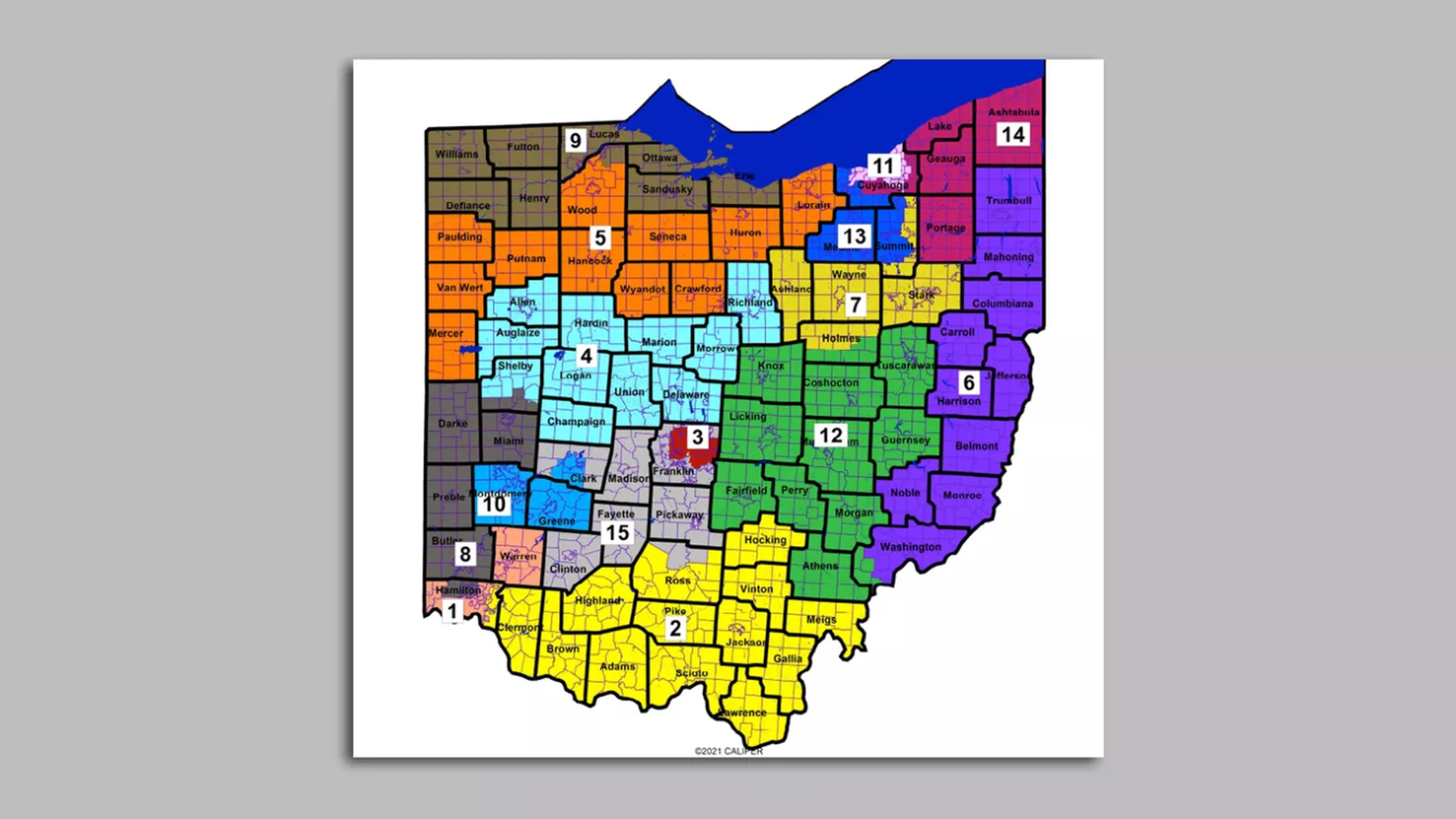 A map of Ohio congressional districts invalidated by the state supreme court. 