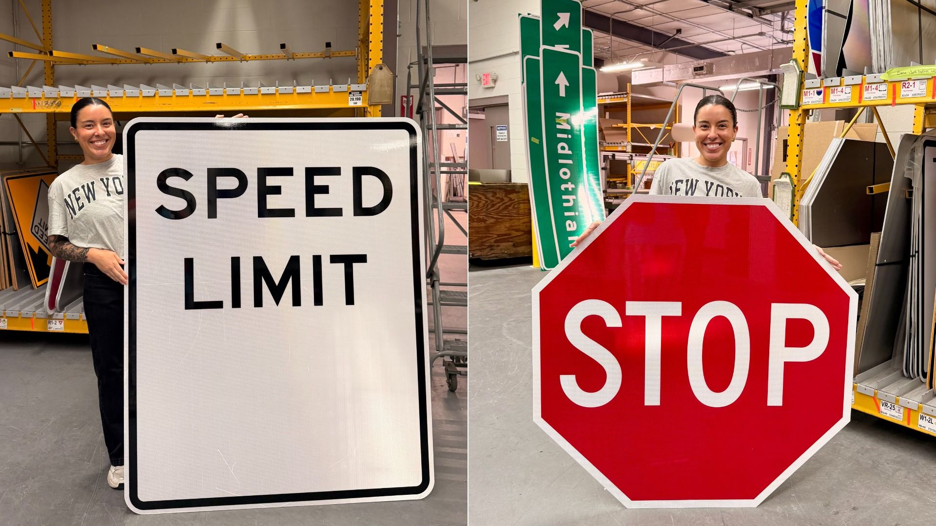 Smiling woman in a gray New York shirt stands beside two large road signs in a warehouse: a white SPEED LIMIT sign and a red STOP sign, with yellow shelving in the background.