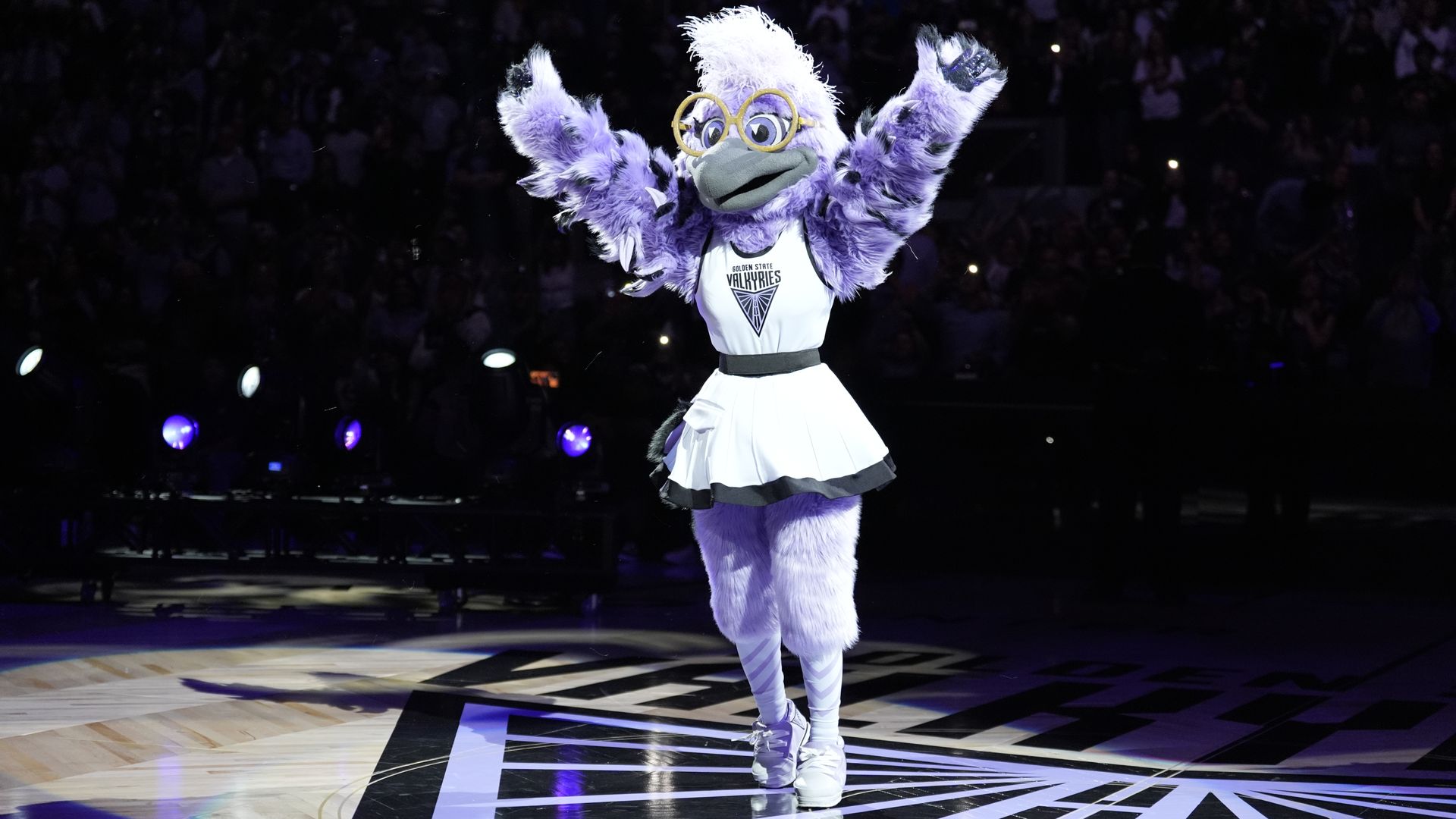 A photo of Violet, the Golden State Valkyries mascot. 