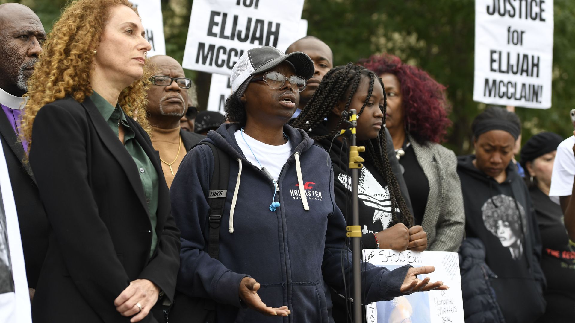 Sheneen McClain, center, mother of Elijah McClain, speaks during a press conference in front of the Aurora Municipal Center on Oct. 1, 2019.