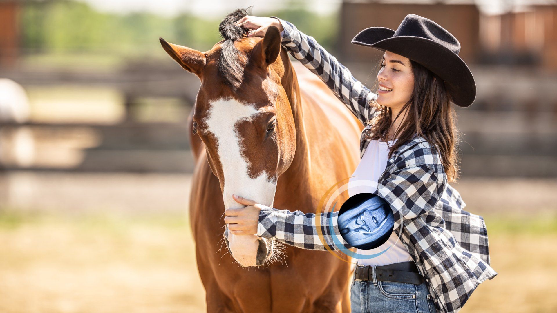 A smiling woman in a black cowboy hat and plaid shirt pets a brown horse with a white blaze on its face in a sunlit outdoor paddock.
