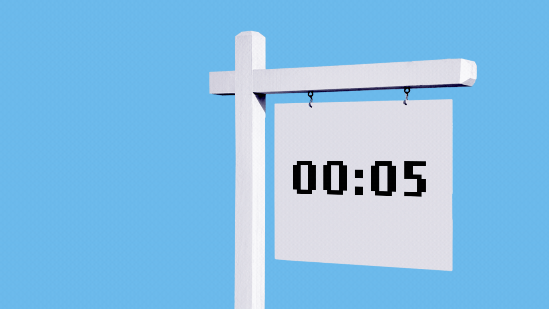 Illustration of a "for sale" sign with a digital clock counting down from 5 seconds, then showing the blinking word "sold."